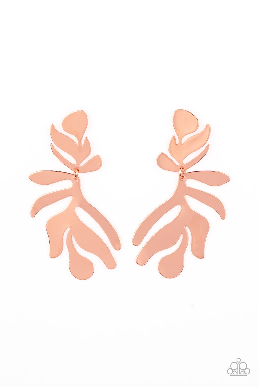 Palm Picnic - Copper Item #P5PO-CPSH-039XX A flat and leafy shiny copper frame swings from the bottom of a matching fitting, creating a trendy seasonal lure. Earring attaches to a standard post fitting. Sold as one pair of post earrings.