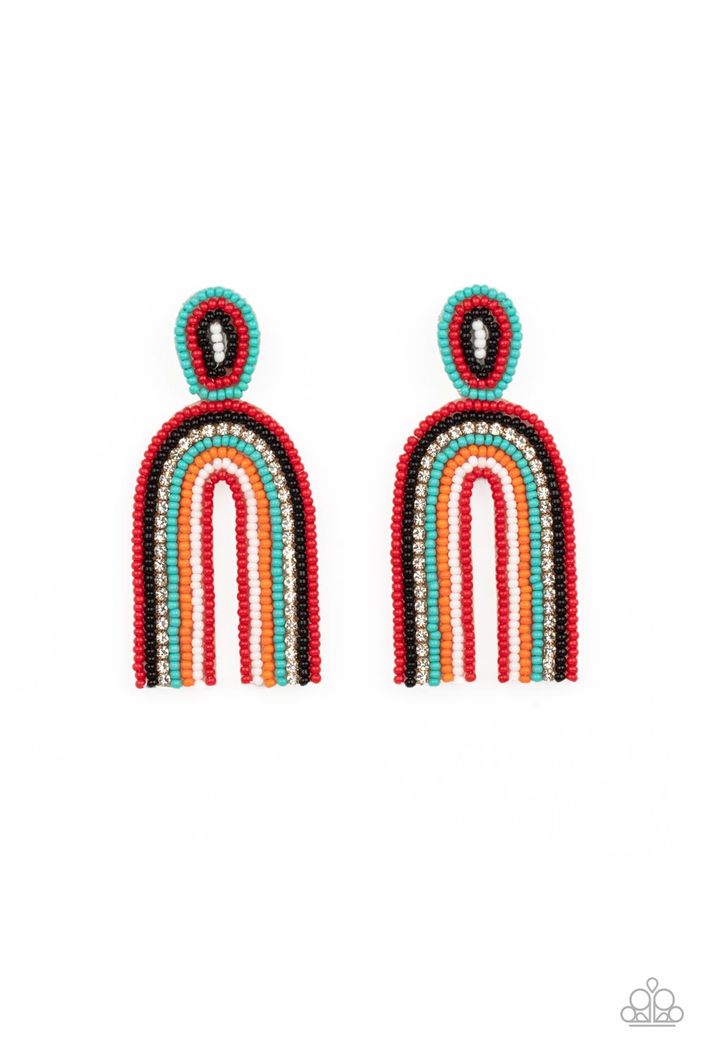 Rainbow Remedy Multi Seed Bead Earring - Paparazzi Accessories Infused with a single row of glassy white rhinestones, dainty strands of red, black, turquoise, orange, white, and red seed beads stack into a colorful rainbow at the bottom of a matching seed beaded fitting. Earring attaches to a standard post fitting. Sold as one pair of post earrings.