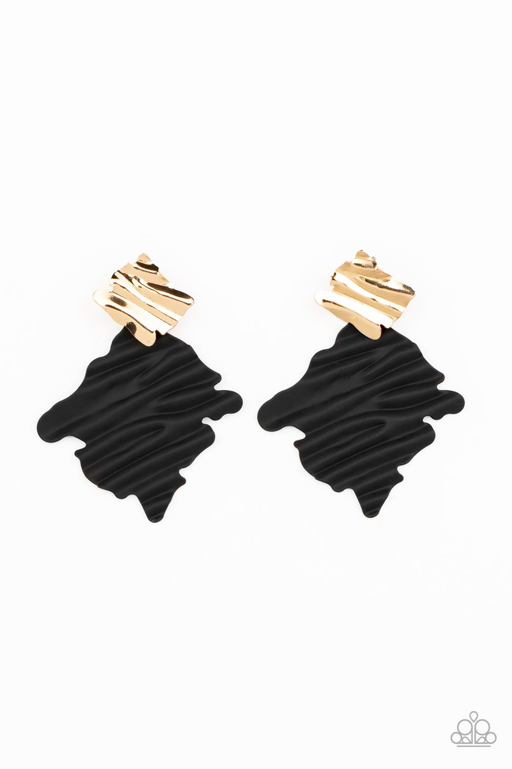 Crimped Couture Gold Post Earring - Paparazzi Accessories Painted in a matte finish, a rippling black frame links to a dainty gold frame featuring crimped texture, resulting in a modern lure. Earring attaches to a standard post fitting. Sold as one pair of post earrings.