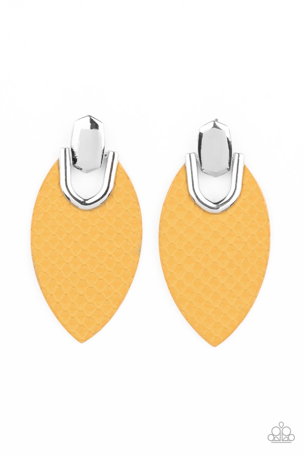 Wildly Workable Yellow Leather Earring - Paparazzi Accessories Featuring python-like texture, an oval yellow leather frame attaches to a bold silver fitting, creating a wild lure. Earring attaches to a standard post fitting. Sold as one pair of post earrings. P5PO-YWXX-029XX