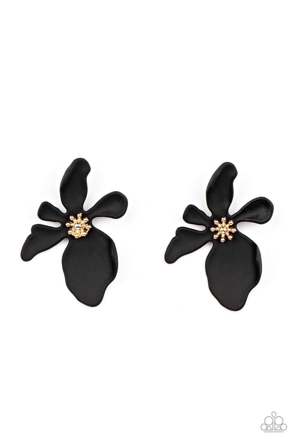 Hawaiian Heiress Black Post Earring - Paparazzi Accessories Featuring a golden studded center, asymmetrical black petals bloom into an abstract flower for a tropical inspired look. Earring attaches to a standard post fitting. Sold as one pair of post earrings.