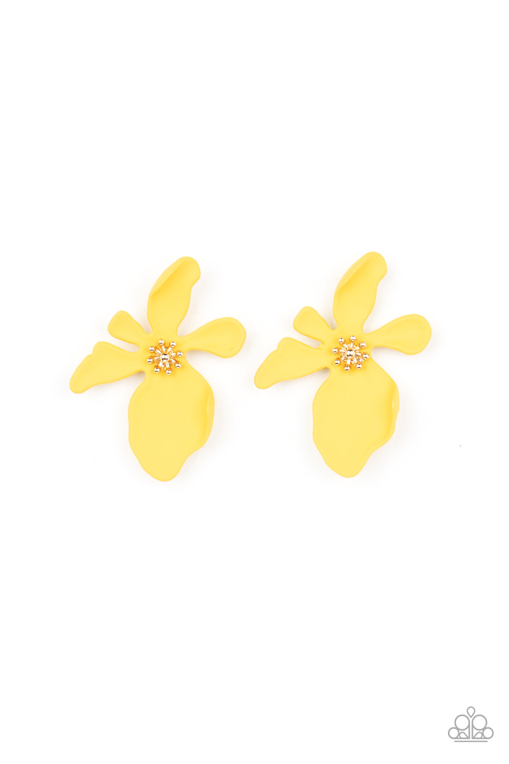 Hawaiian Heiress Yellow Post Earring - Paparazzi Accessories Featuring a golden studded center, asymmetrical Illuminating petals bloom into an abstract flower for a tropical inspired look. Earring attaches to a standard post fitting. Sold as one pair of post earrings.