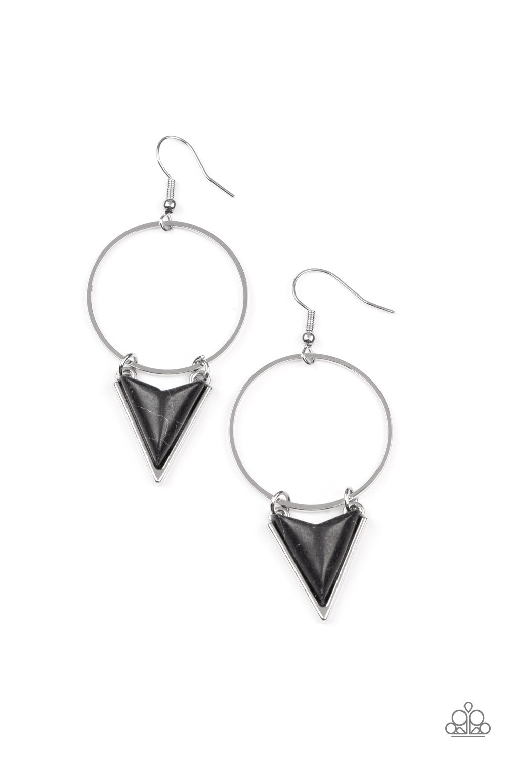 Sahara Shark Black Stone Earring - Paparazzi Accessories Featuring a sleek silver fitting, a triangular cut black stone swings from the bottom of an airy silver hoop for an edgy seasonal look. Earring attaches to a standard fishhook fitting. Sold as one pair of earrings.