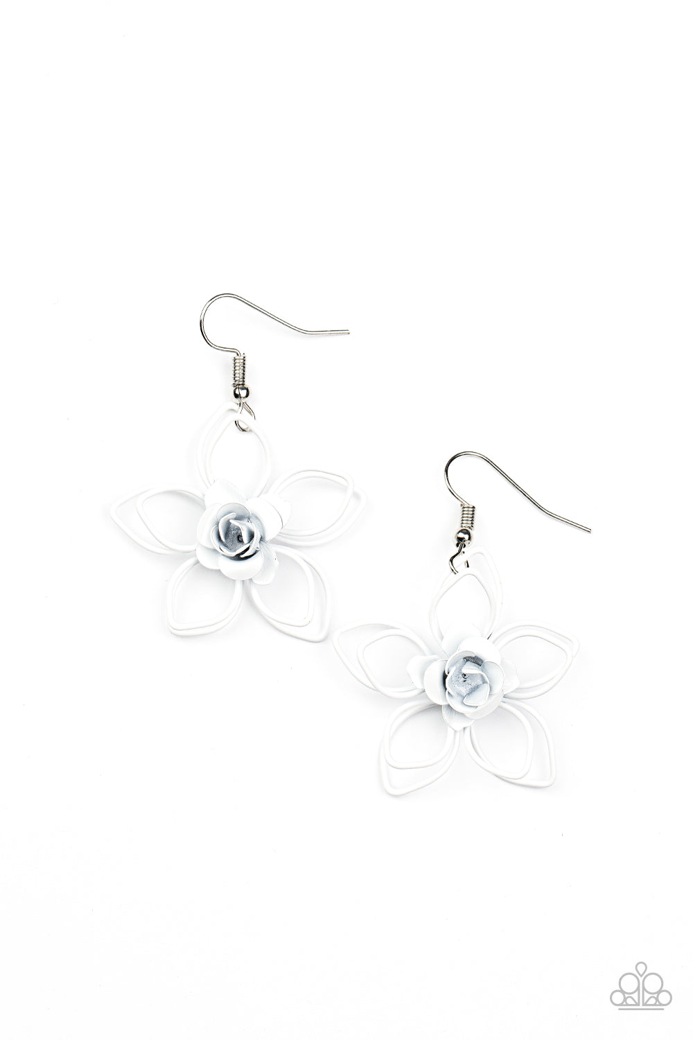Botanical Bonanza White Earring - Paparazzi Accessories A dainty white rosebud blooms from the center of a layered white wire flower, creating a beautiful floral frame. Earring attaches to a standard fishhook fitting. Sold as one pair of earrings.