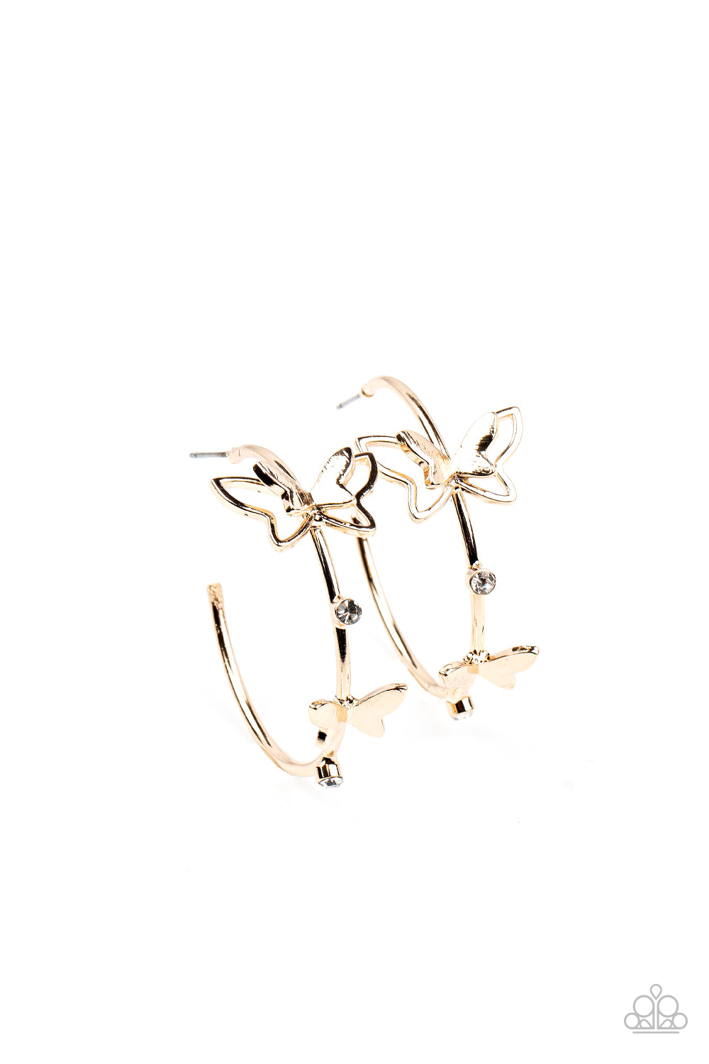 Full Out Flutter Gold Earring - Paparazzi Accessories A pair of dainty gold butterflies flutter atop a glistening gold hoop dotted with dainty white rhinestones, creating a whimsical sight. Earring attaches to a standard post fitting. Hoop measures approximately 1 1/2" in diameter. Sold as one pair of hoop earrings.