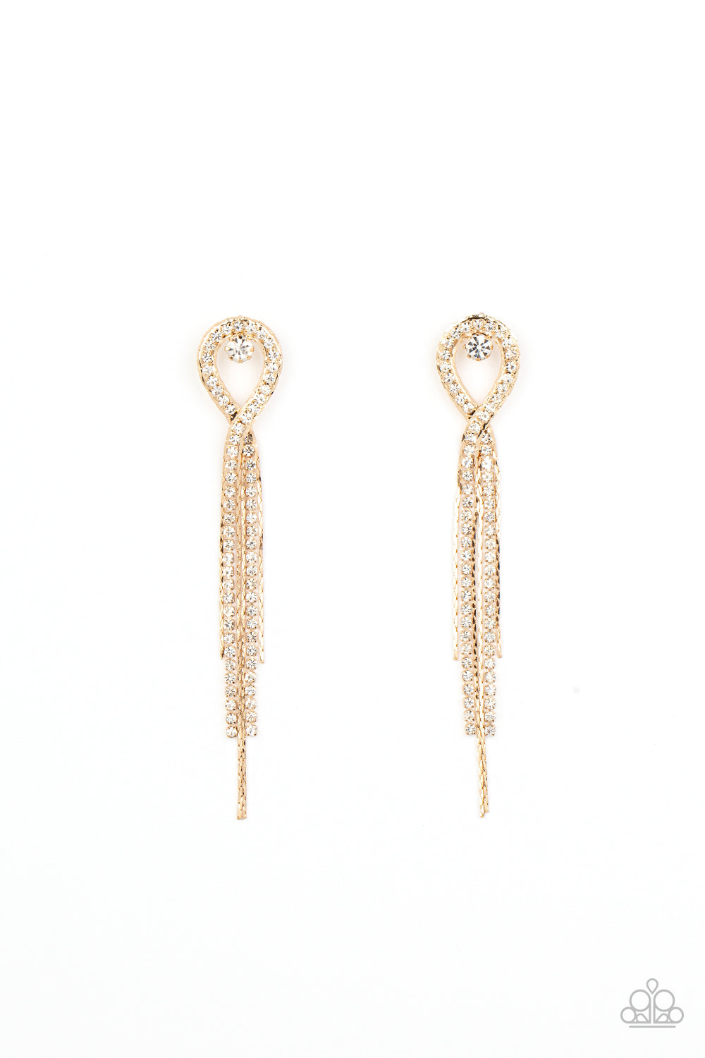 Luxury Lasso Gold Earring - Paparazzi Accessories A lasso of glassy white rhinestones nestles around a solitaire white rhinestone, while a tassel of flat gold chains stream out from the bottom for a glamorous finish. Earring attaches to a standard post fitting. Sold as one pair of post earrings.