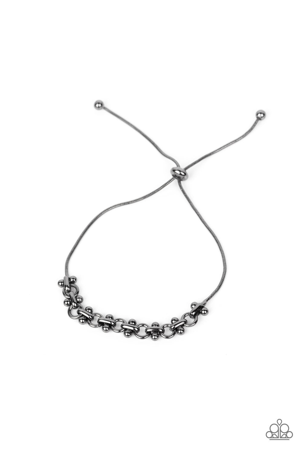 Slide On Over Black Bracelet - Paparazzi Accessories A dainty section of gunmetal beaded fittings and gunmetal links delicately attaches to a rounded gunmetal snake chain around the wrist, creating a sleek metallic shimmer. Features an adjustable sliding bead closure. Sold as one individual bracelet.
