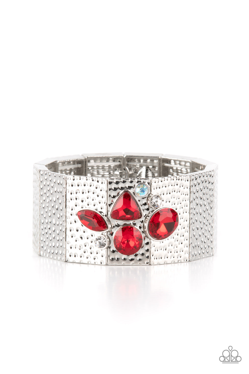 Flickering Fortune Red Bracelet - Paparazzi Accessories Hammered in gritty shimmer, rustic, rectangular, silver frames are threaded along stretchy bands that wrap around the wrist. Mismatched white, iridescent, and red rhinestones cluster on the front and back of the piece, creating dueling centerpieces. Due to its prismatic palette, color may vary. Sold as one individual bracelet.
