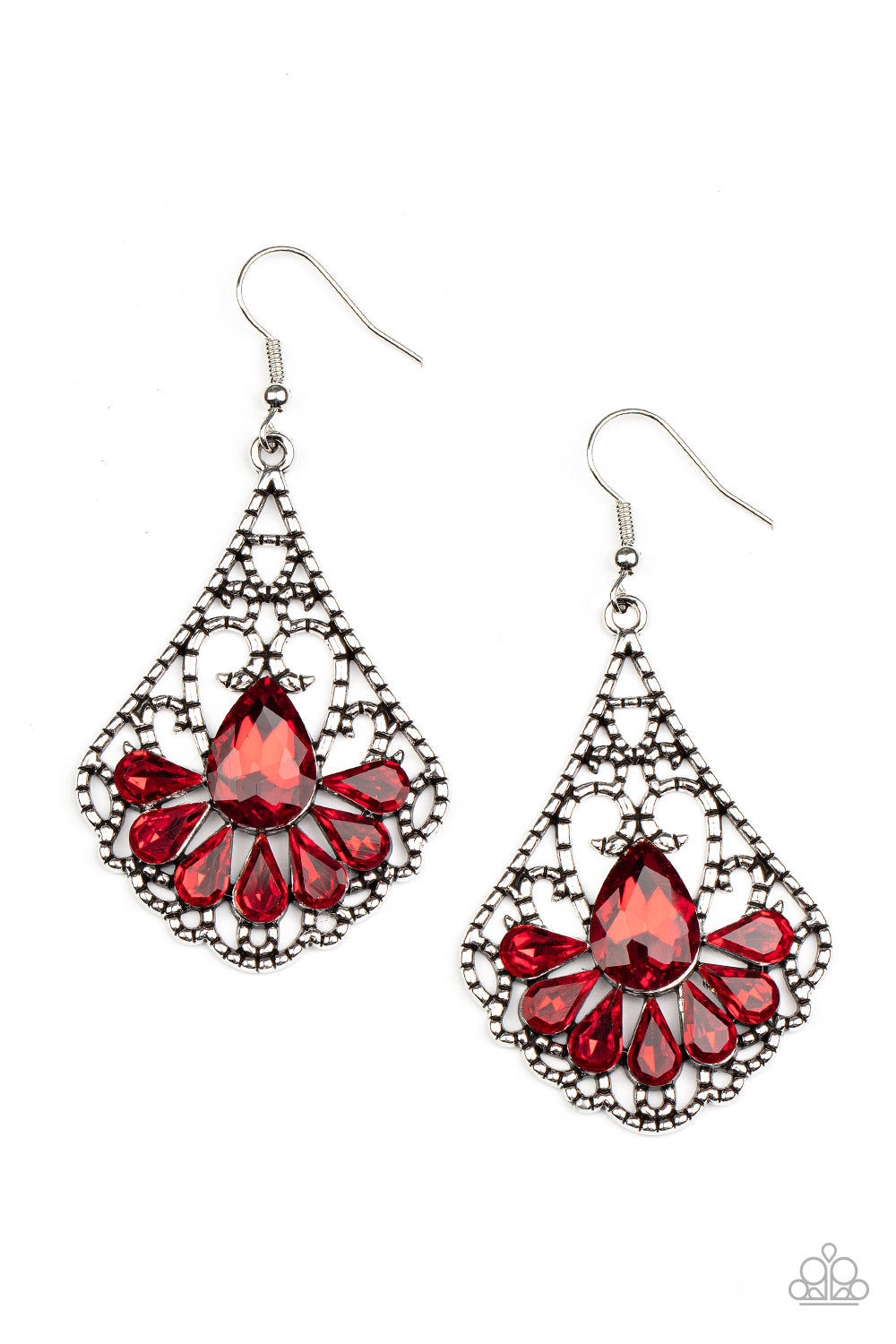 Exemplary Elegance Red Earring - Paparazzi Accessories A sparkly collection of fiery red teardrop rhinestones fan out across the bottom of a textured filigree filled teardrop frame, creating an elegant centerpiece. Earring attaches to a standard fishhook fitting. Featured inside The Preview at GLOW! Sold as one pair of earrings.