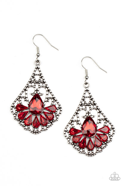 Exemplary Elegance Red Earring - Paparazzi Accessories  A sparkly collection of fiery red teardrop rhinestones fan out across the bottom of a textured filigree filled teardrop frame, creating an elegant centerpiece. Earring attaches to a standard fishhook fitting.  Featured inside The Preview at GLOW!  Sold as one pair of earrings.