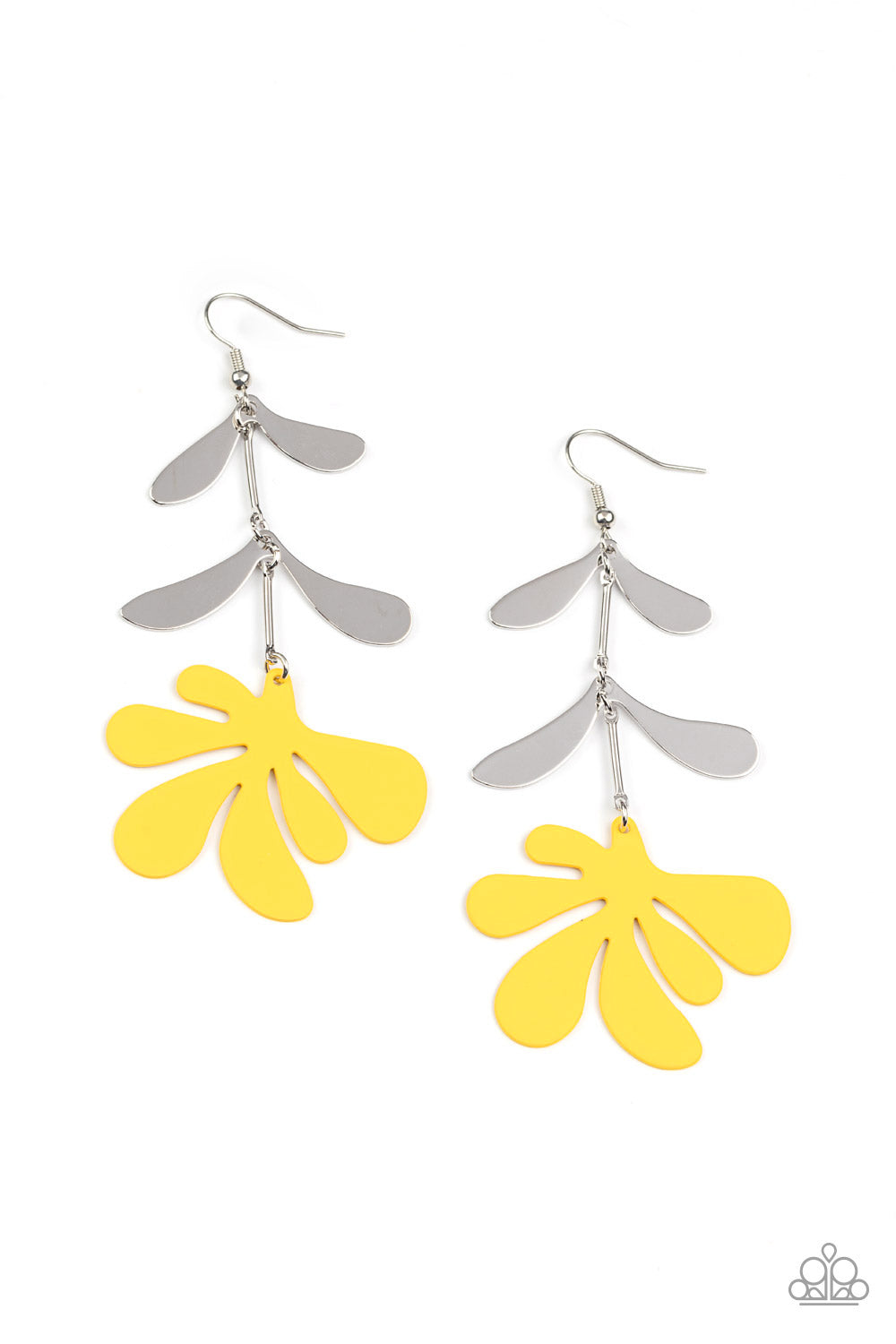 Palm Beach Bonanza Yellow Earring - Paparazzi Accessories Painted in the lively Pantone® of Primrose, a fun metal palm leaf cut-out sways below two fanciful silver leaves separated by simple silver rods for a whimsical lure. Earring attaches to a standard fishhook fitting. Sold as one pair of earrings.