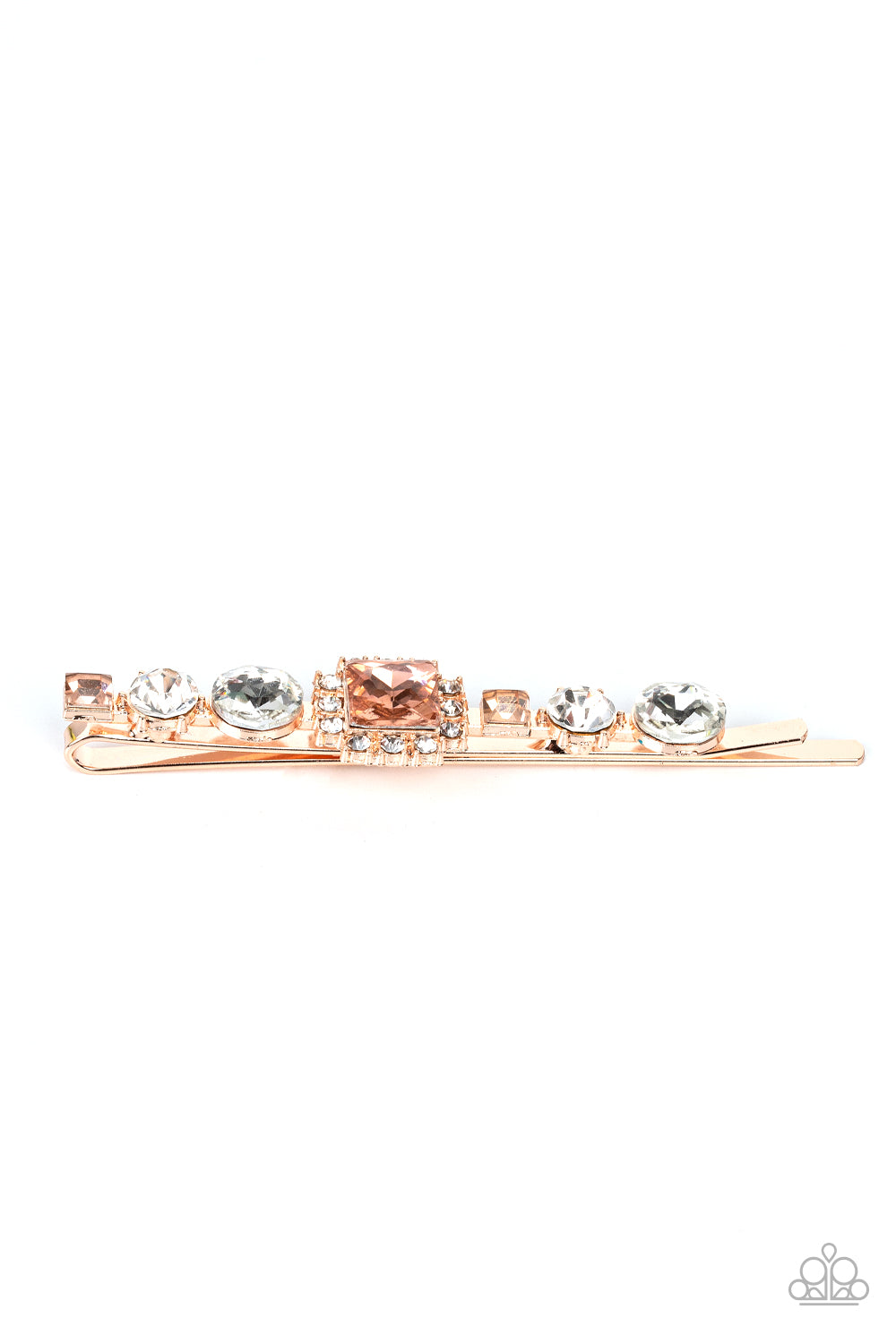 Couture Crasher Gold Hair Clip - Paparazzi Accessories Featuring a brilliant radiant cut peach gem surrounded by a frame of dainty white rhinestones, a mismatched collection of white round and square peach rhinestones coalesce into a stunning display. Sold as one individual hair clip.