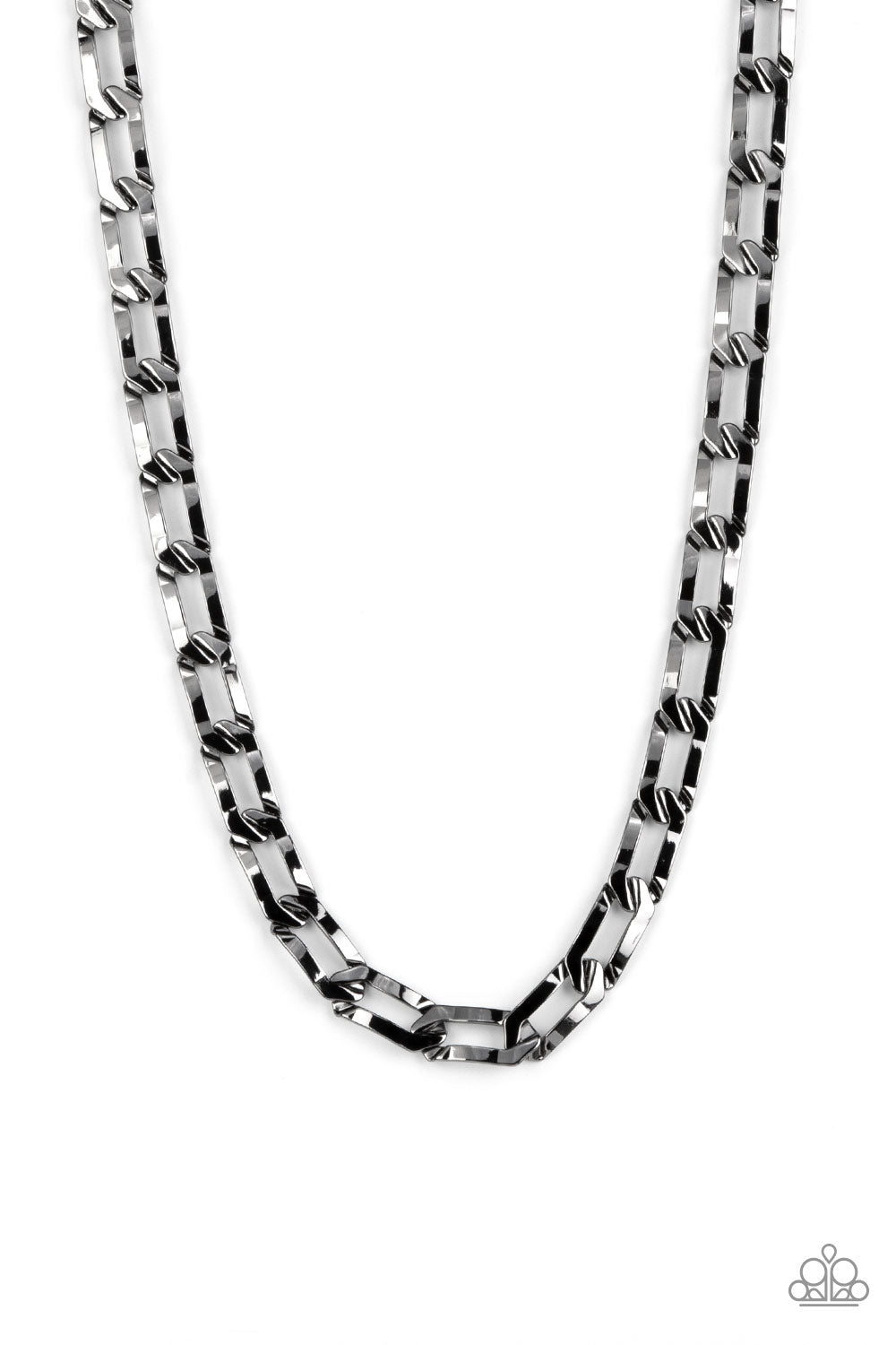 Full-Court Press Black Urban Necklace - Paparazzi Accessories Crimped gunmetal oval links boldly interconnect across the chest, creating a classic urban look. Features an adjustable clasp closure. All Paparazzi Accessories are lead free and nickel free! Sold as one individual necklace.