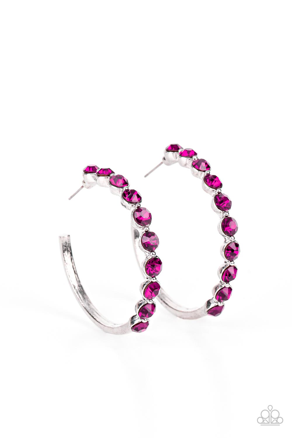 Photo Finish Pink Hoop Earring - Paparazzi Accessories The front of a bold silver hoop is encrusted in flamboyant Fuchsia Fedora rhinestones, creating a glamorous pop of sparkle. Earring attaches to a standard post fitting. Hoop measures approximately 1 3/4" in diameter. Sold as one pair of hoop earrings.