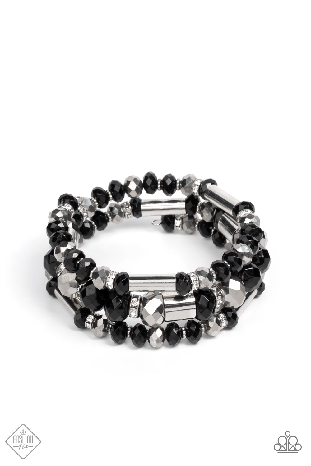 Dynamic Dazzle Black Coil Bracelet - Paparazzi Accessories Stacks of black and silver faceted beads, interspersed with silver cylindrical accents and rhinestone-encrusted beads, are threaded along an infinity wrap-style bracelet making an intensely dynamic statement around the wrist. Sold as one individual bracelet.
