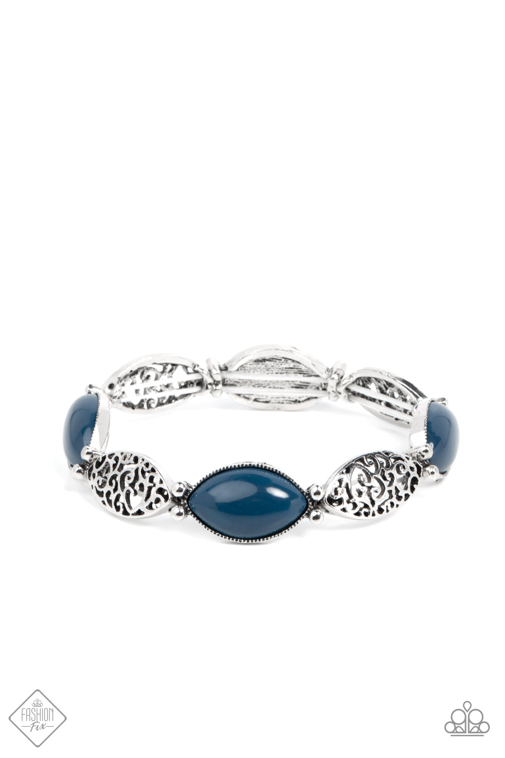 Garden Rendezvous Blue Bracelet - Paparazzi Accessories Dewy Navy Blue opals set in daintily studded silver frames mingle with frames of swirling silver filigree as they alternate along stretchy bands for a whimsically wild fashion around the wrist. All Paparazzi Accessories are lead free and nickel free! Sold as one individual bracelet.