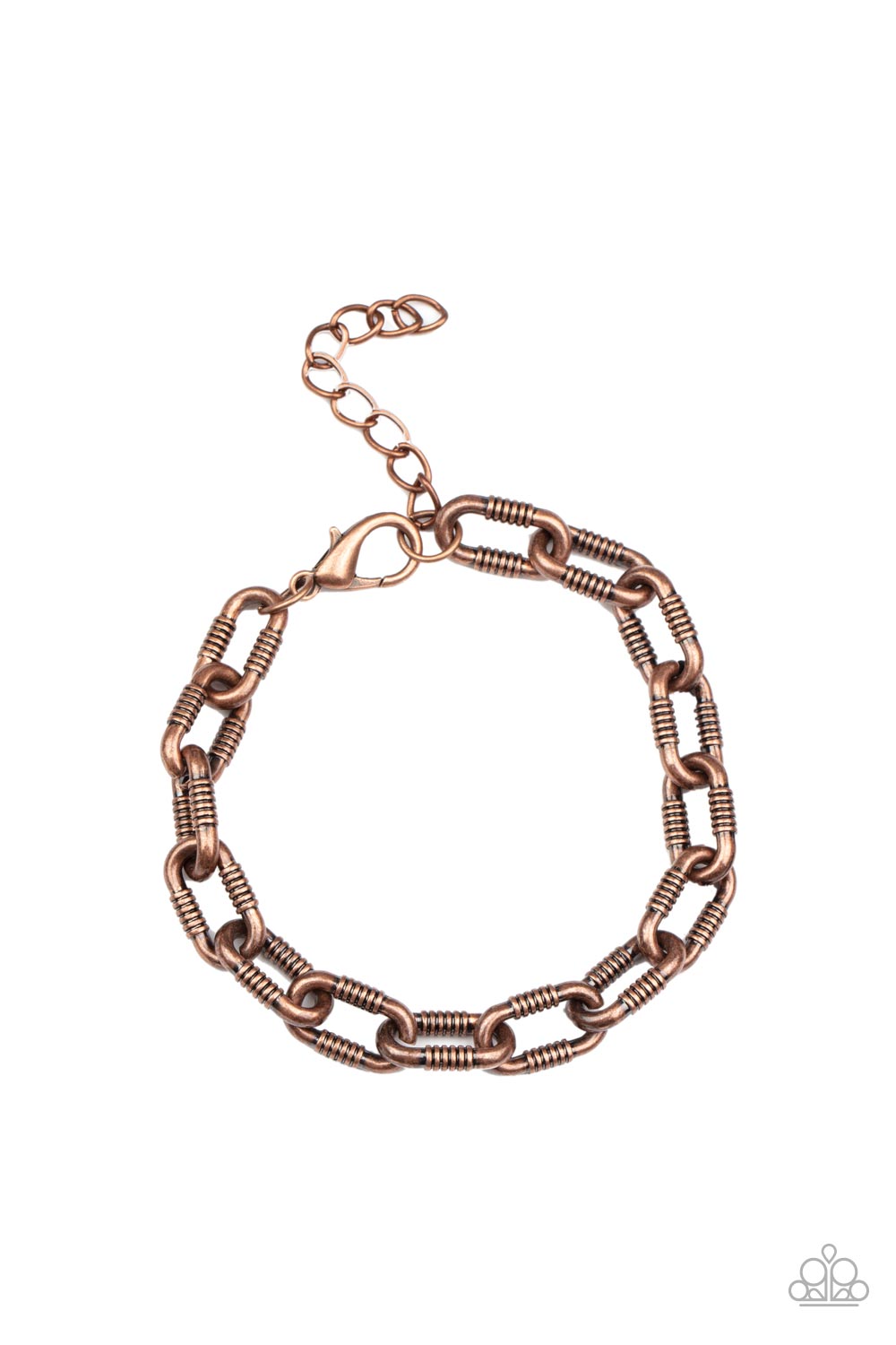 Industrial Infantry Copper Urban Bracelet - Paparazzi Accessories Featuring gritty texture, an oversized copper chain links around the wrist for an edgy urban look. Features an adjustable clasp closure. Sold as one individual bracelet. Get The Complete Look! Necklace: "Rural Recruit - Copper" (Sold Separately)