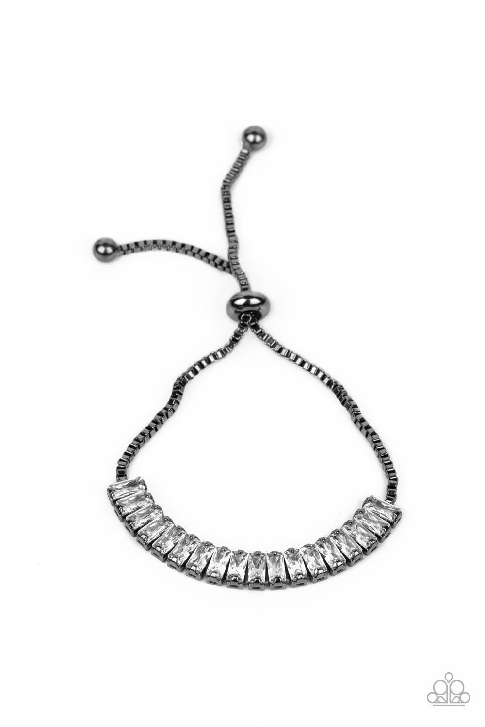 Glitz and Glimmer Black Bracelet - Paparazzi Accessories Encased in pronged gunmetal fittings, an icy collection of emerald cut white rhinestones delicately link with a gunmetal box chain around the wrist, resulting in a versatile centerpiece. Features an adjustable sliding bead closure. Sold as one individual bracelet.