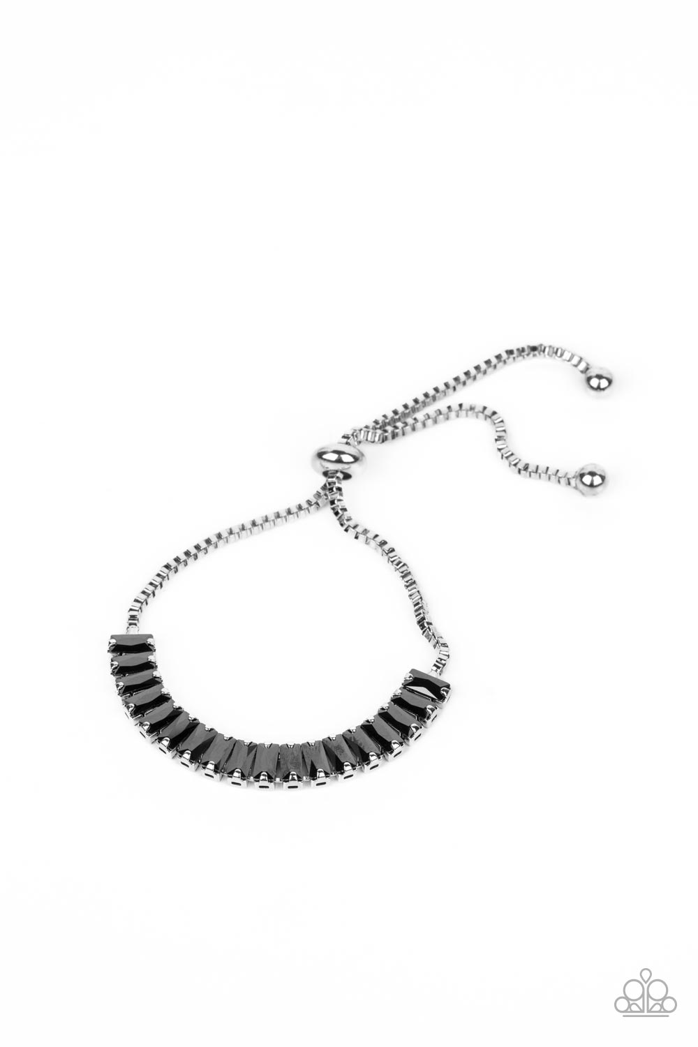 Glitz and Glimmer Silver Bracelet - Paparazzi Accessories Encased in pronged silver fittings, a smoky collection of emerald cut hematite rhinestones delicately link with a silver box chain around the wrist, resulting in a versatile centerpiece. Features an adjustable sliding bead closure. Sold as one individual bracelet.