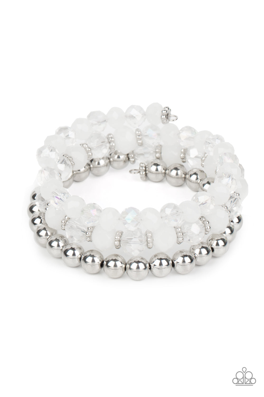 Gimme Gimme White Bracelet - Paparazzi Accessories Sections of shiny silver beads and an alternating pattern of opaque and glittery white rhinestone gems gradually increase in size along a coiled wire, creating a jaw-dropping infinity wrap bracelet around the wrist. Sold as one individual bracelet.