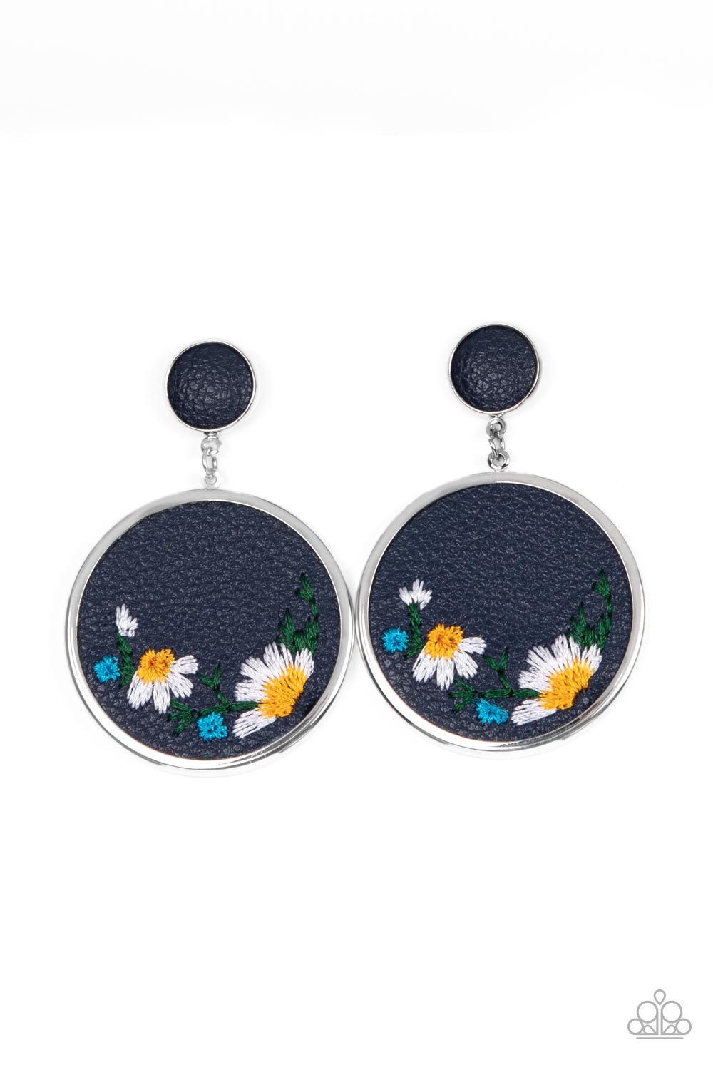 Embroidered Gardens Blue Post Earring - Paparazzi Accessories A small Rhodonite leather disc, encased in a simple silver frame, anchors a larger Rhodonite circle that is adorned with fanciful embroidered flowers creating a whimsical lure. Earring attaches to a standard post fitting. Sold as one pair of post earrings.
