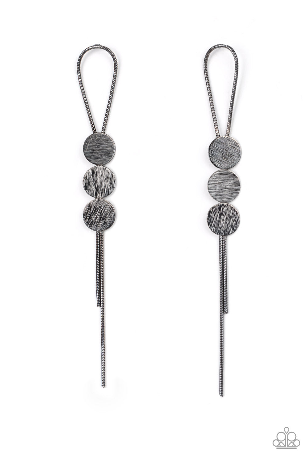 Bolo Beam Black Post Earring - Paparazzi Accessories A gunmetal loop of round snake chain is held in place by a trio of scratched gunmetal discs, creating a trendy bolo-like lure. Earring attaches to a standard post fitting. Sold as one pair of post earrings.