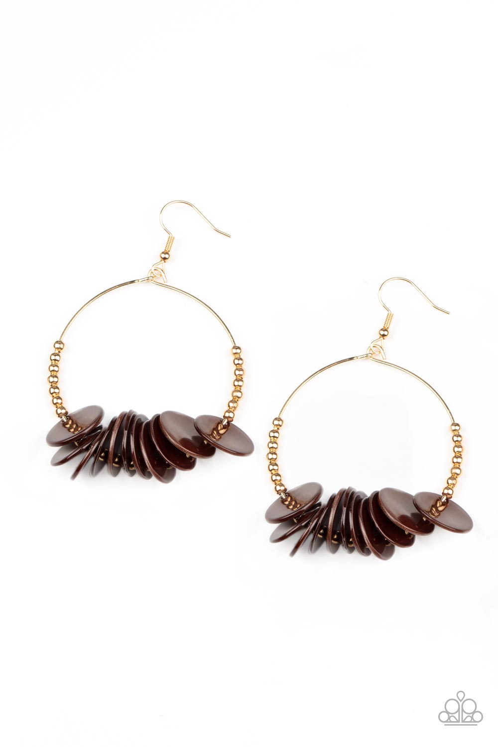 Caribbean Cocktail Brown Earring - Paparazzi Accessories Shiny brown shell-like discs alternate with dainty gold beads around a petite circular gold wire frame for a touch of Caribbean charisma. Earring attaches to a standard fishhook fitting. Sold as one pair of earrings.