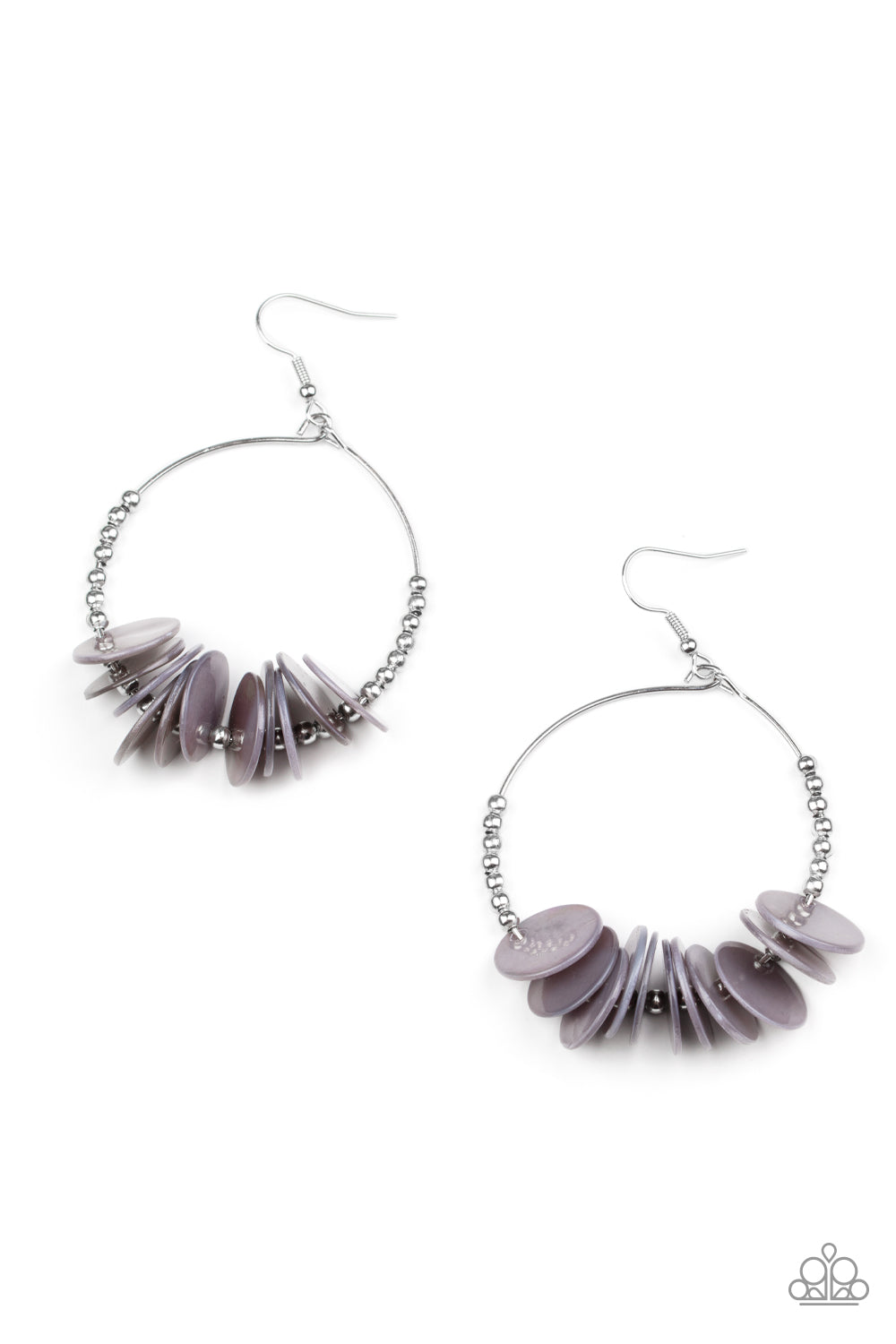 Caribbean Cocktail Silver Earring - Paparazzi Accessories Shiny silver shell-like discs alternate with dainty silver beads around a petite circular silver wire frame for a touch of Caribbean charisma. Earring attaches to a standard fishhook fitting. Sold as one pair of earrings.