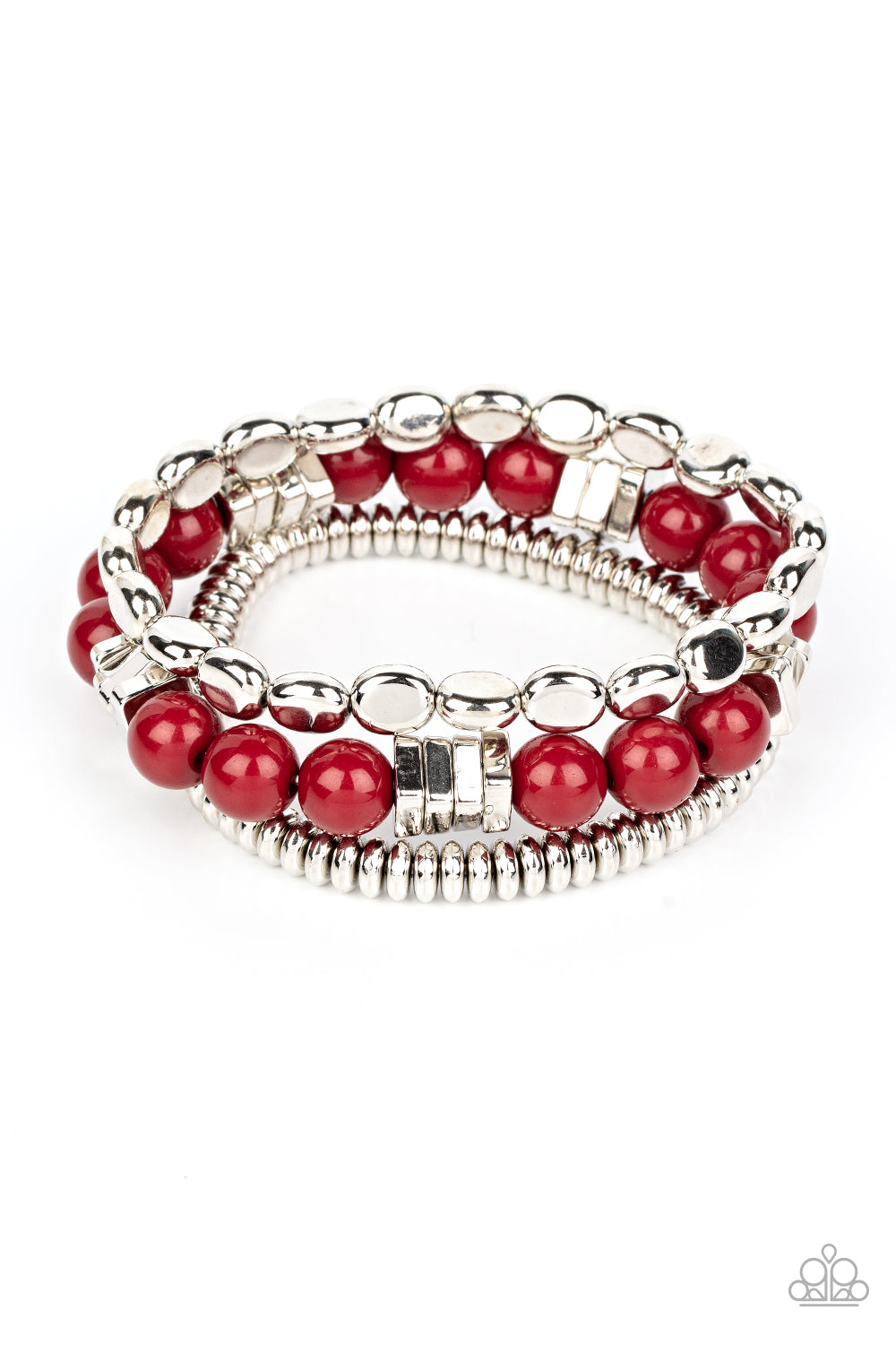 Tour de Tourist Red Bracelet - Paparazzi Accessories A mismatched collection of silver discs, silver cubes, bubbly red acrylic, and silver pebble-like beads are threaded along stretchy bands around the wrist, creating fiery layers. Sold as one set of three bracelets.