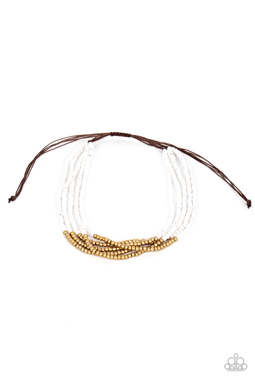 BEAD Bold White Urban Bracelet - Paparazzi Accessories Four strands of white seed beads accented with a bold section of brass seed beads wraps around the wrist for a simple yet trendy look. Features an adjustable sliding knot closure. All Paparazzi Accessories are lead free and nickel free! Sold as one individual bracelet.