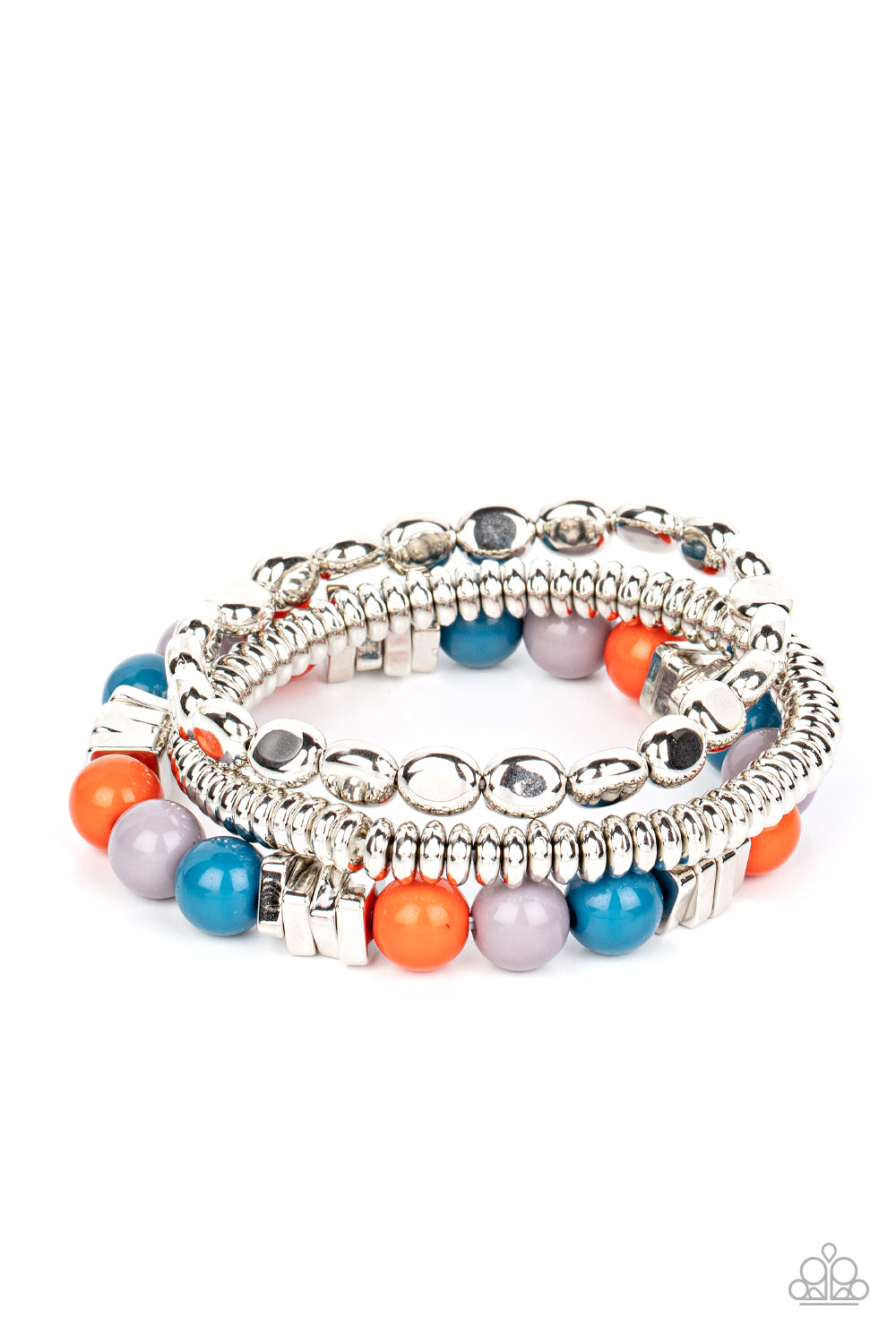 Tour de Tourist Multi Bracelet - Paparazzi Accessories A mismatched collection of silver discs, silver cubes, bubbly multicolored acrylic, and silver pebble-like beads are threaded along stretchy bands around the wrist, creating fiery layers. All Paparazzi Accessories are lead free and nickel free! Sold as one set of three bracelets.