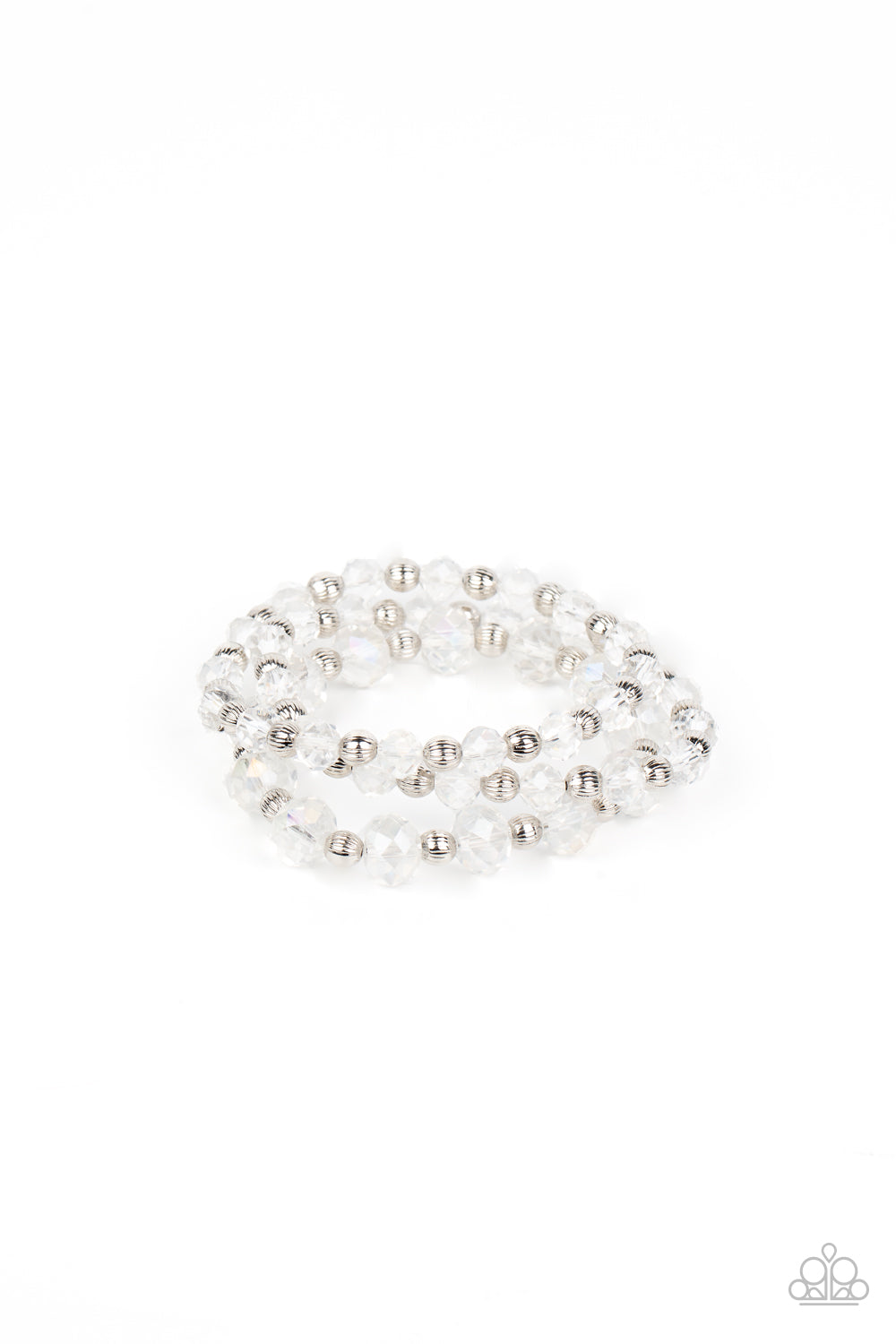 Eiffel Tower Tryst White Iridescent Bracelet - Paparazzi Accessories Varying in size, an explosion of glassy iridescent crystal-like gems and ornate silver beads are threaded along stretchy bands around the wrist for a glamorous fashion. Sold as one set of three bracelets.