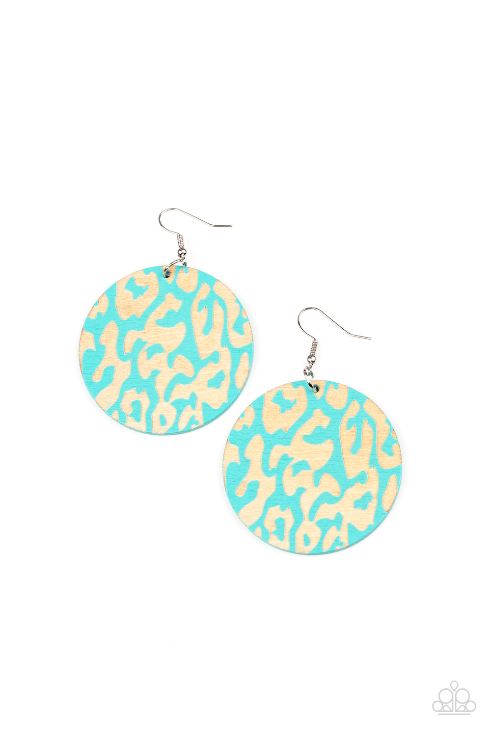 Catwalk Safari Blue Earring - Paparazzi Accessories The front of a blue wooden disc is chiseled away, revealing a colorful cheetah-like pattern for a wild fashion. Earring attaches to a standard fishhook fitting. Sold as one pair of earrings.