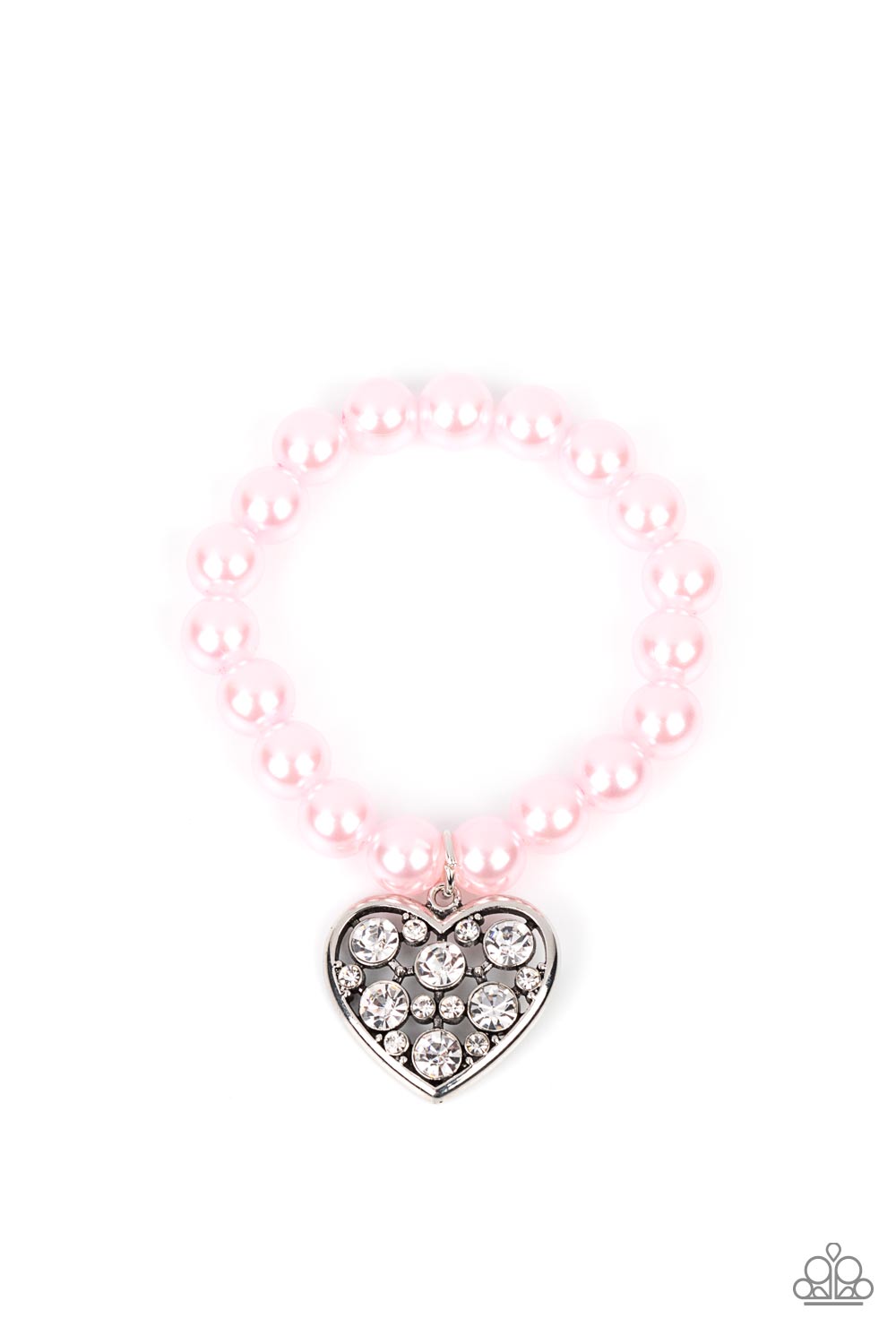 Cutely Crushing Pink Heart Bracelet - Paparazzi Accessories A dramatically oversized white rhinestone encrusted silver heart charm dangles from a stretchy strand of bubbly pink pearls, creating a flirtatious dazzle. Sold as one individual bracelet.