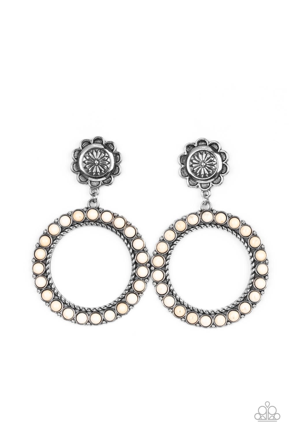 Playfully Prairie White Earring - Paparazzi Accessories Featuring studded and twisted rope-like silver accents, a white stone dotted hoop swings from the bottom of a rustic silver flower for a whimsically floral fashion. Earring attaches to a standard post fitting. Sold as one pair of post earrings.