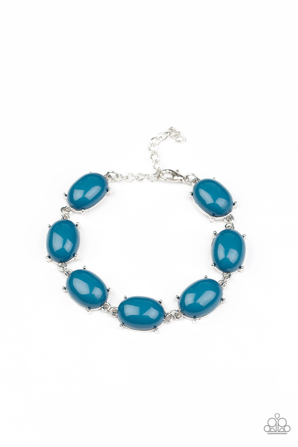 Confidently Colorful - Blue Item #P9WH-BLXX-258XX Featuring pronged silver fittings, an oversized collection of oval Mykonos Blue beads delicately link around the wrist for a dramatic pop of color. Features an adjustable clasp closure. Sold as one individual bracelet.