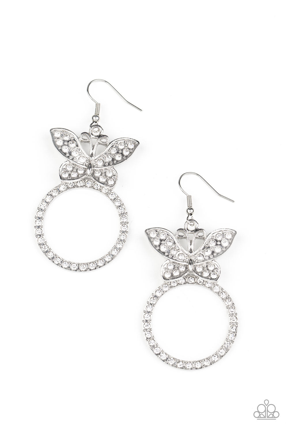Paradise Found White Butterfly Earring - Paparazzi Accessories A white rhinestone encrusted silver butterfly flutters atop a silver ring dotted in matching white rhinestones, resulting in a dazzling statement piece. Earring attaches to a standard fishhook fitting. All Paparazzi Accessories are lead free and nickel free! Sold as one pair of earrings.