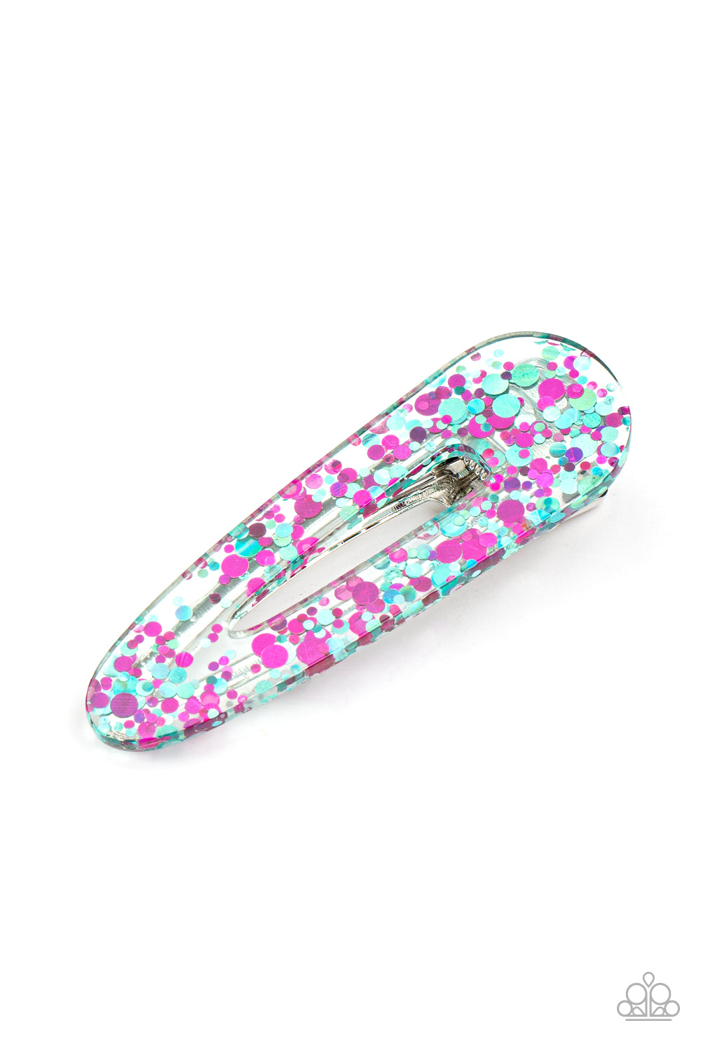 Wish Upon a Sequin Pink Hair Clip - Paparazzi Accessories A glittery collection of pink and blue sequins sparkle inside a clear acrylic frame, creating a glitzy display. Features a standard hair clip on the back. Sold as one individual hair clip.