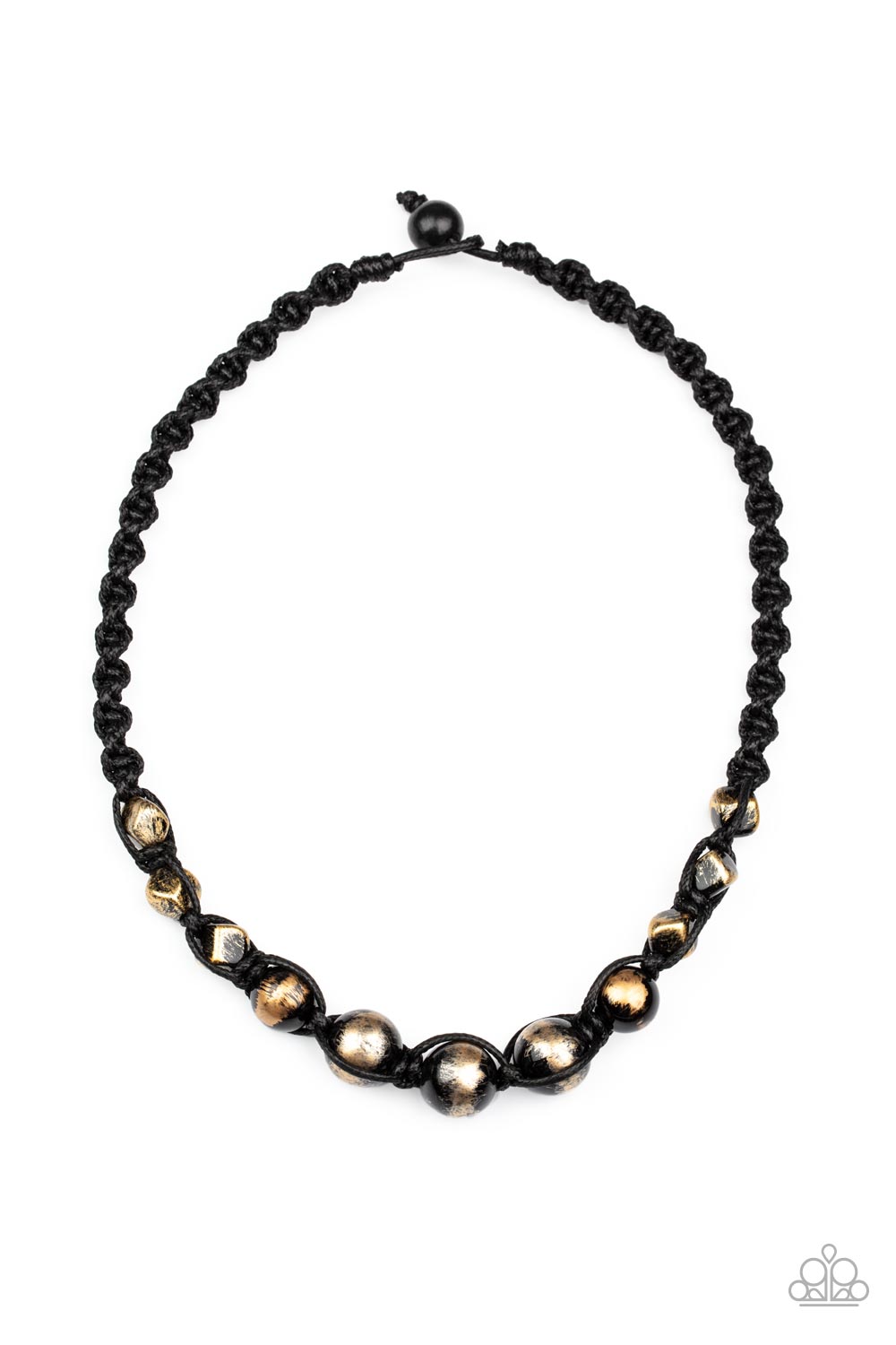 Loose Cannon Gold Urban Necklace - Paparazzi Accessories Brushed in shiny black accents, a gritty collection of faceted and round gold beads are knotted in place with braided black cording below the collar for an urban flair. Features a button loop closure. Sold as one individual necklace.