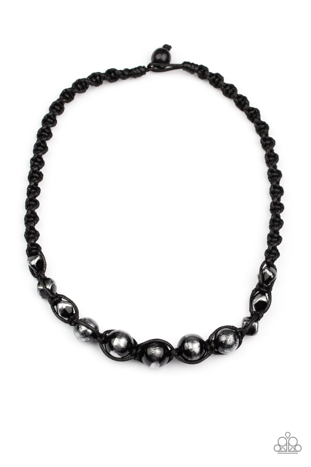 Loose Cannon Black Urban Necklace - Paparazzi Accessories Brushed in shiny black accents, a gritty collection of faceted and round silver beads are knotted in place with braided black cording below the collar for an urban flair. Features a button loop closure. Sold as one individual necklace.