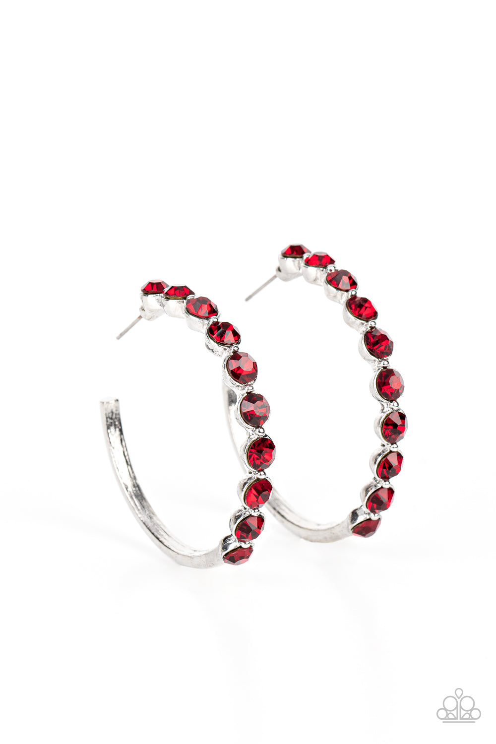 Photo Finish Red Rhinestone Hoop Earring - Paparazzi Accessories The front of a bold silver hoop is encrusted in fiery red rhinestones, creating a glamorous pop of sparkle. Earring attaches to a standard post fitting. Hoop measures approximately 1 3/4" in diameter. Sold as one pair of hoop earrings.