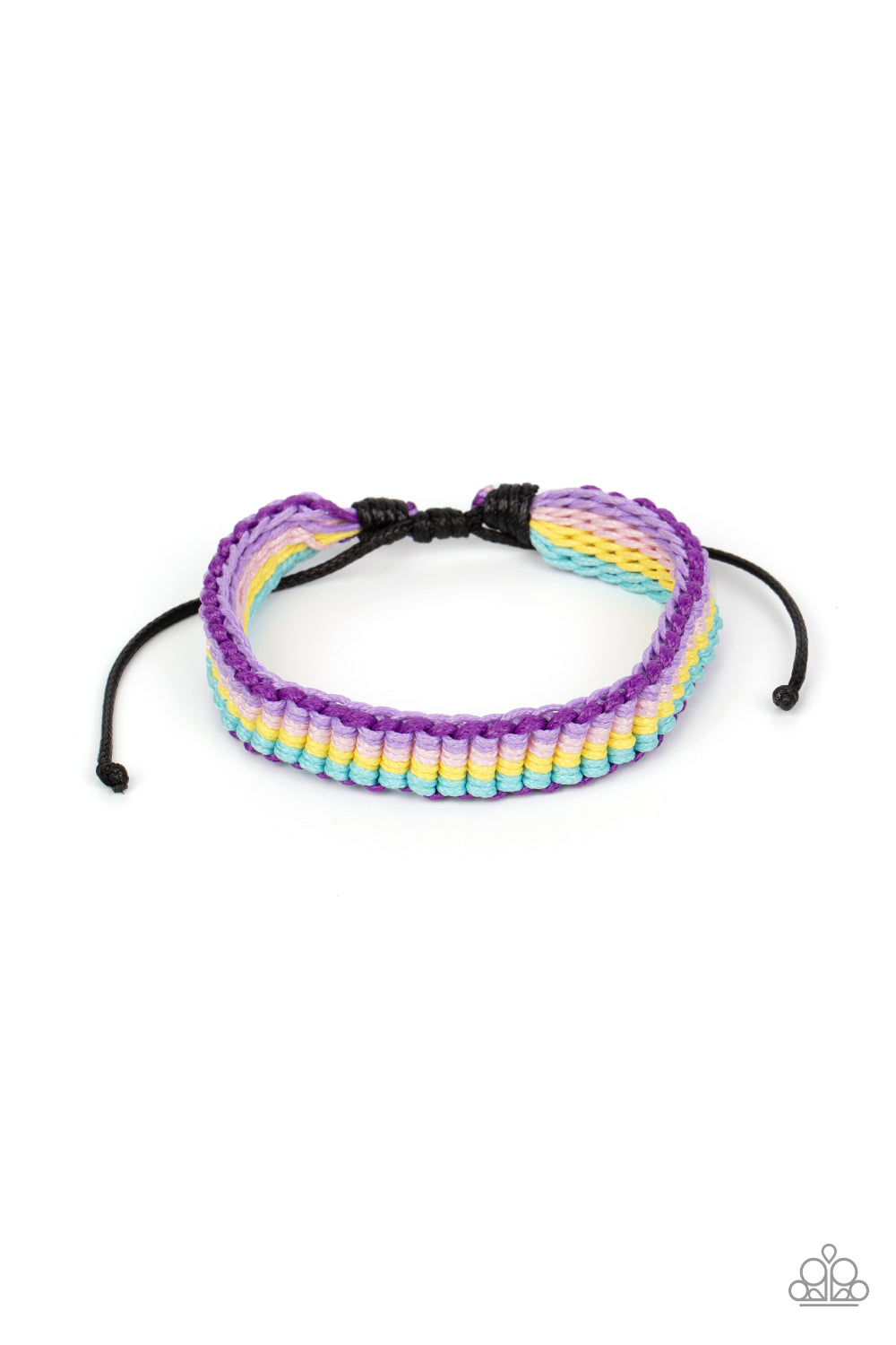 Campfire Craft Multi Bracelet - Paparazzi Accessories Purple, blue, pink, and yellow thread is decoratively knotted around the wrist, creating a colorful rainbow. Features an adjustable sliding knot closure. Sold as one individual bracelet.