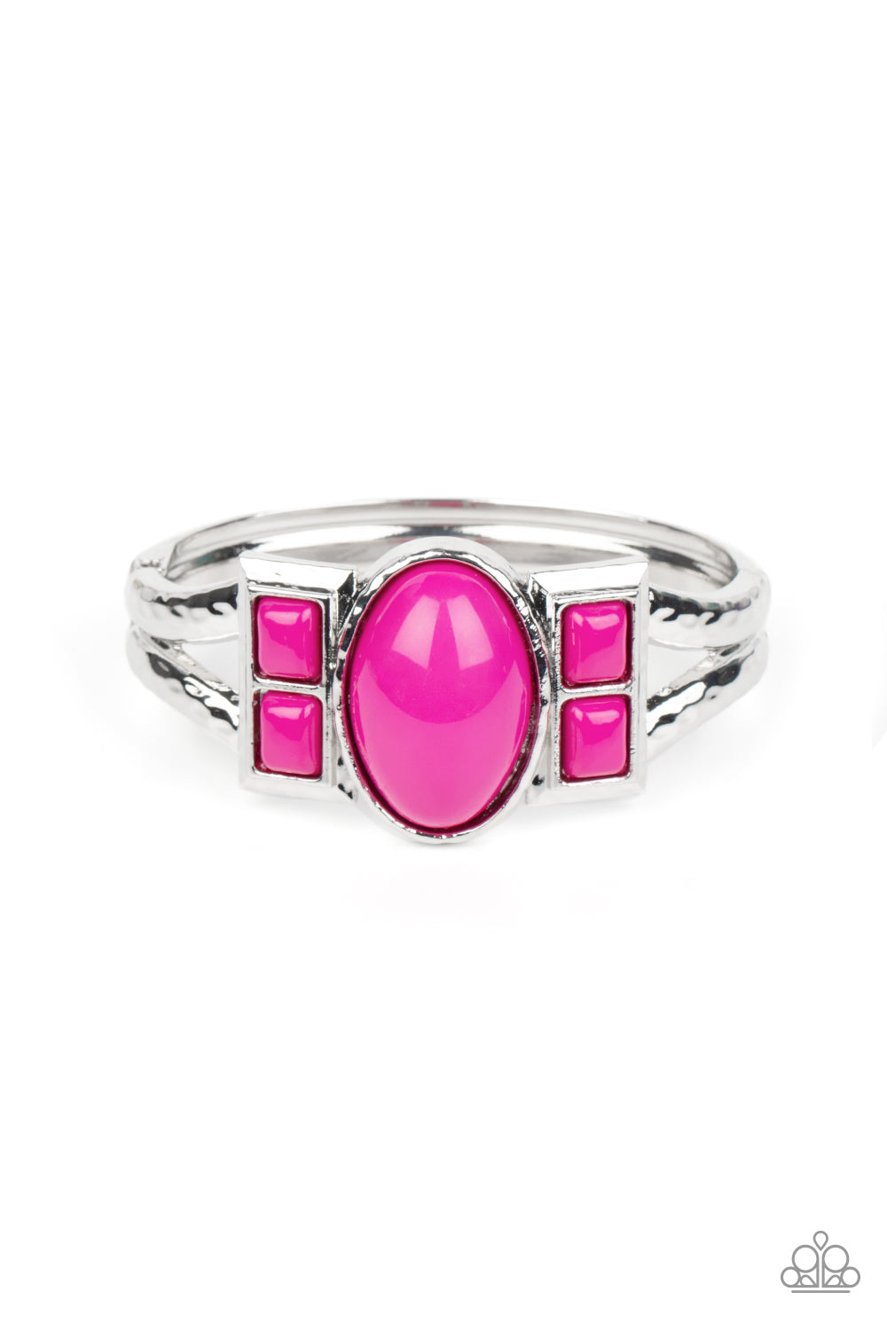 A Touch of Tiki Pink Hinge Bracelet - Paparazzi Accessories An oversized oval Fuchsia Fedora bead is flanked by pairs of stacked Fuchsia Fedora square beads across the center of a hammered silver bangle-like bracelet, creating a bold pop of color atop the wrist. Features a hinged closure. Sold as one individual bracelet.