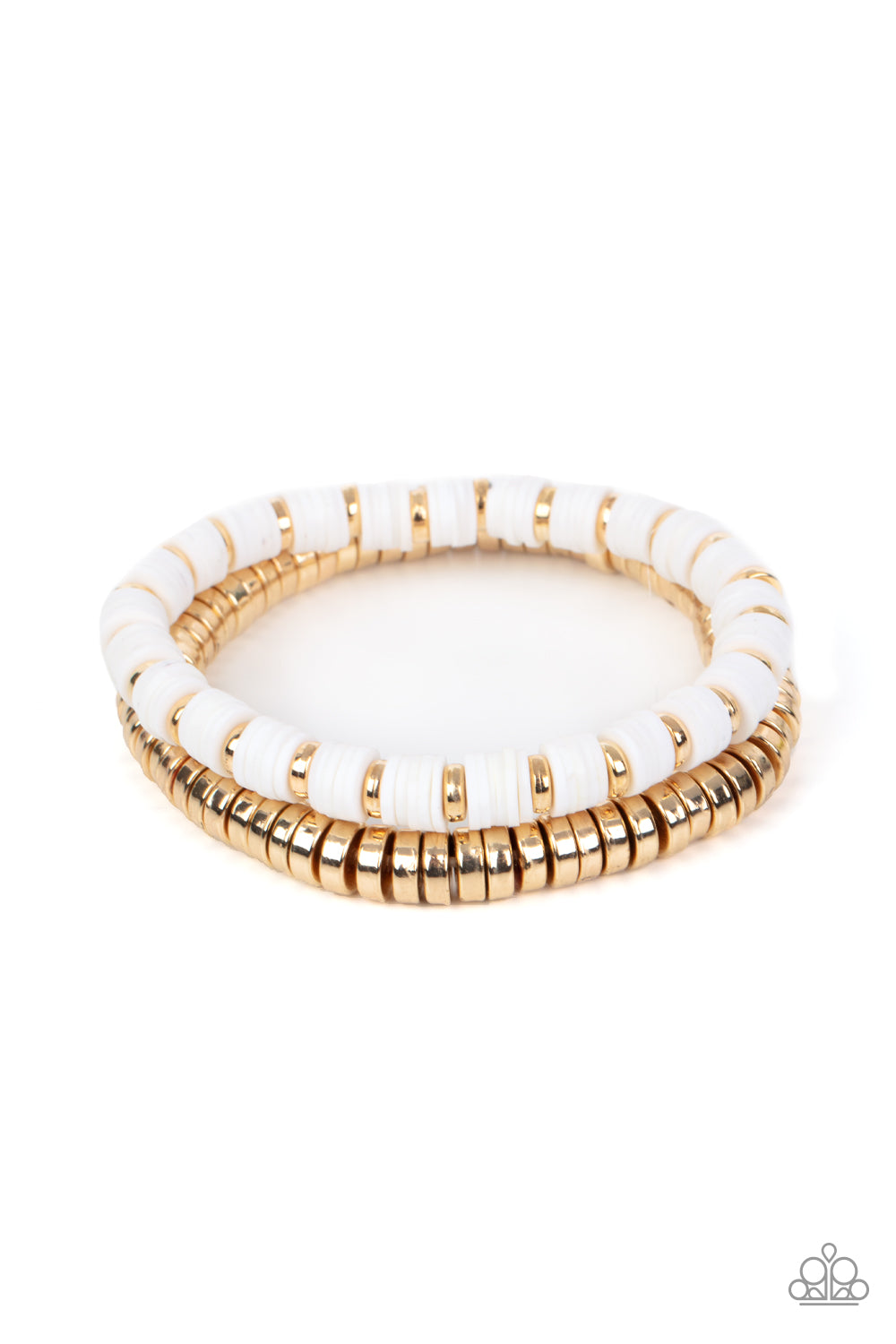 Catalina Marina White Bracelet - Paparazzi Accessories Infused with stretchy bands, a row of gold disc beads joins a strand of rubbery white and gold discs around the wrist, resulting in a modern duo. Sold as one pair of bracelets.