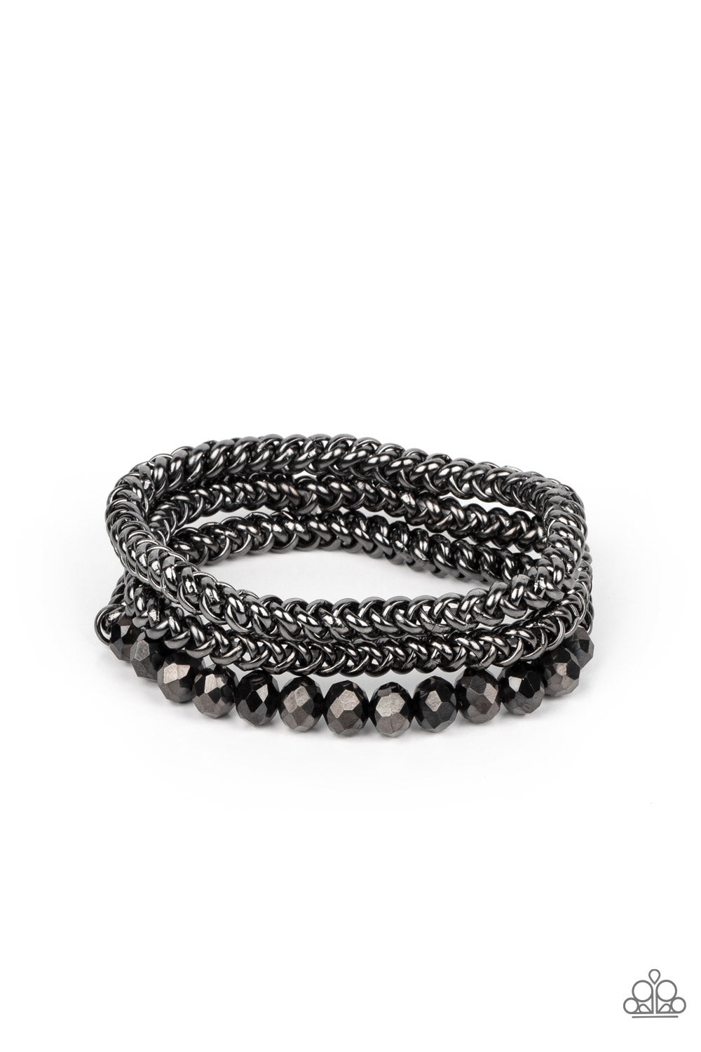 Gutsy and Glitzy Black Bracelet - Paparazzi Accessories Threaded along stretchy bands, sections of hematite crystal-like beads and interlocking gunmetal chains layer around the wrist for a dash of glitzy grunge. Sold as one set of three bracelets.