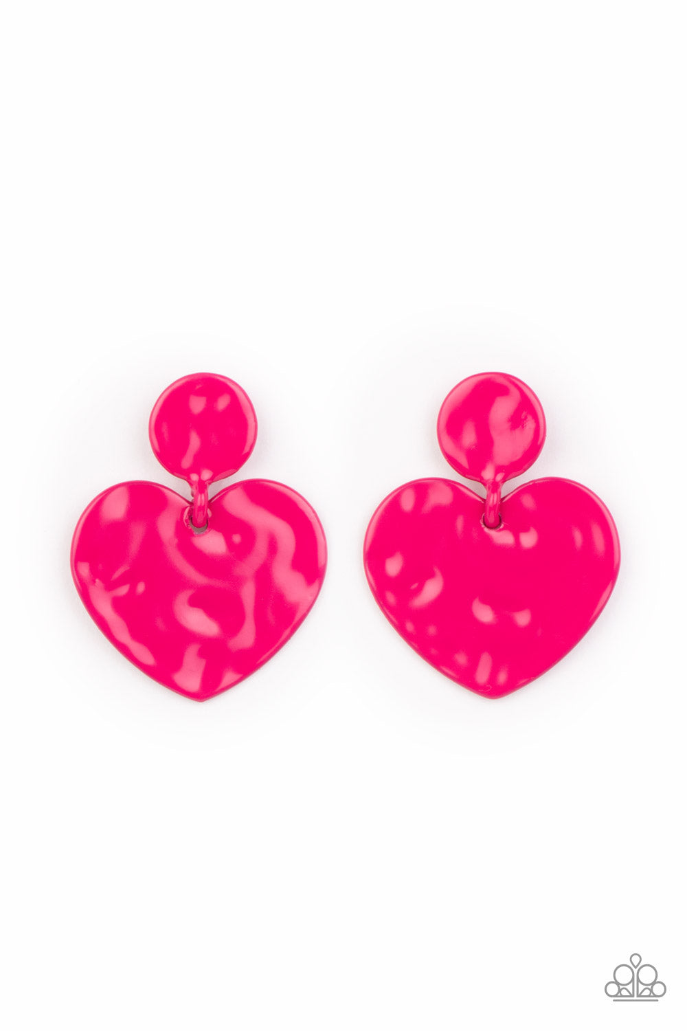 Just a Little Crush Pink Post Earring - Paparazzi Accessories Painted in a glossy Fuchsia Fedora finish, a hammered disc gives way to a hammered heart frame for a flirtatious fashion. Earring attaches to a standard post fitting. Sold as one pair of post earrings.