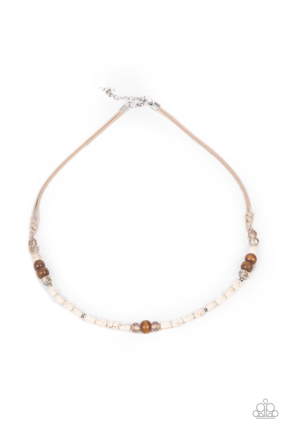 Groundbreaking Glamour Brown Urban Necklace - Paparazzi Accessories An earthy assortment of brown wooden, white stone, and crystal-like beads are knotted in place along the bottom of shiny cording below the collar for a naturally beautiful finish. Features an adjustable clasp closure. Sold as one individual necklace.
