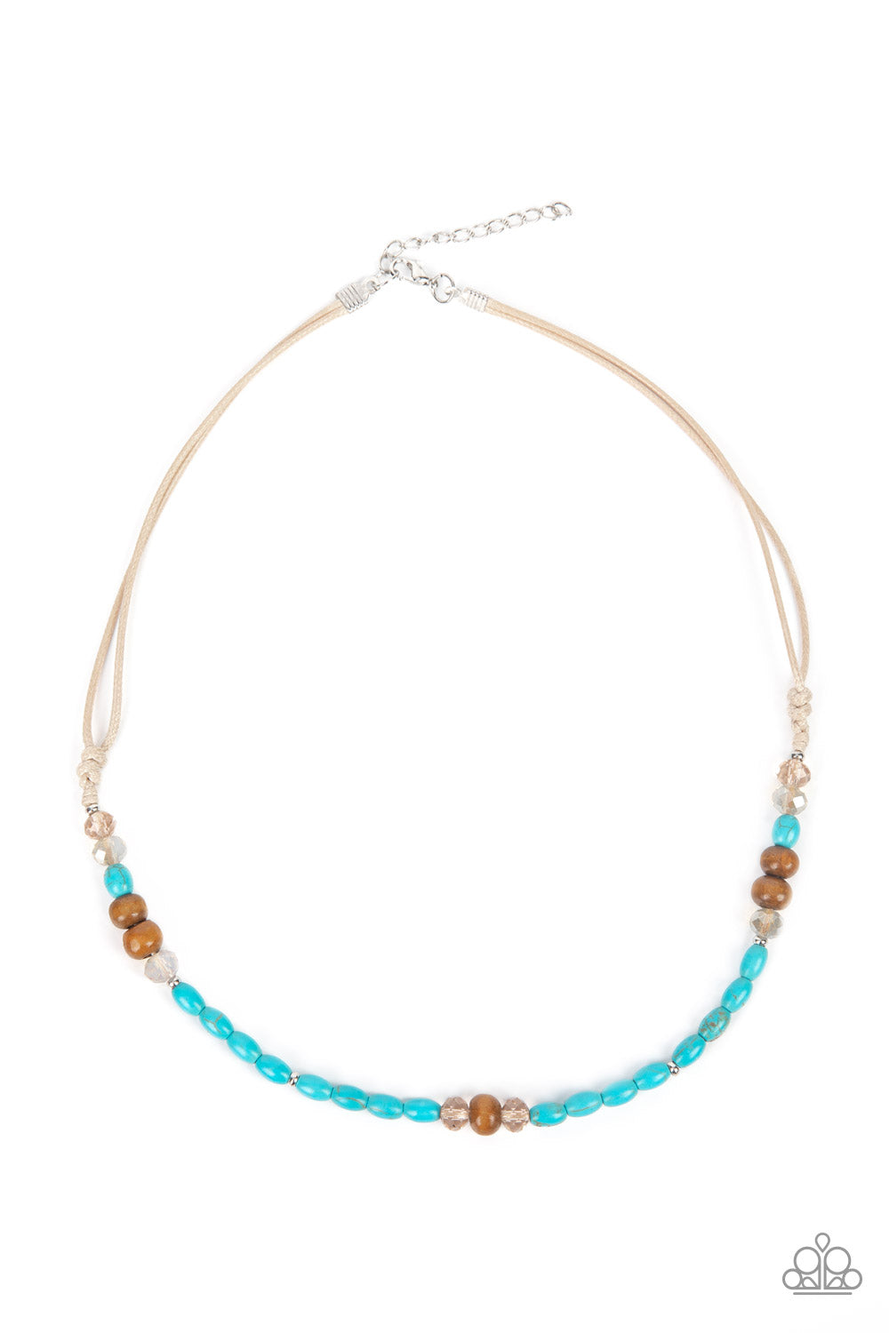 Groundbreaking Glamour Blue Urban Necklace - Paparazzi Accessories An earthy assortment of brown wooden, turquoise stone, and crystal-like beads are knotted in place along the bottom of shiny cording below the collar for a naturally beautiful finish. Features an adjustable clasp closure. Sold as one individual necklace.