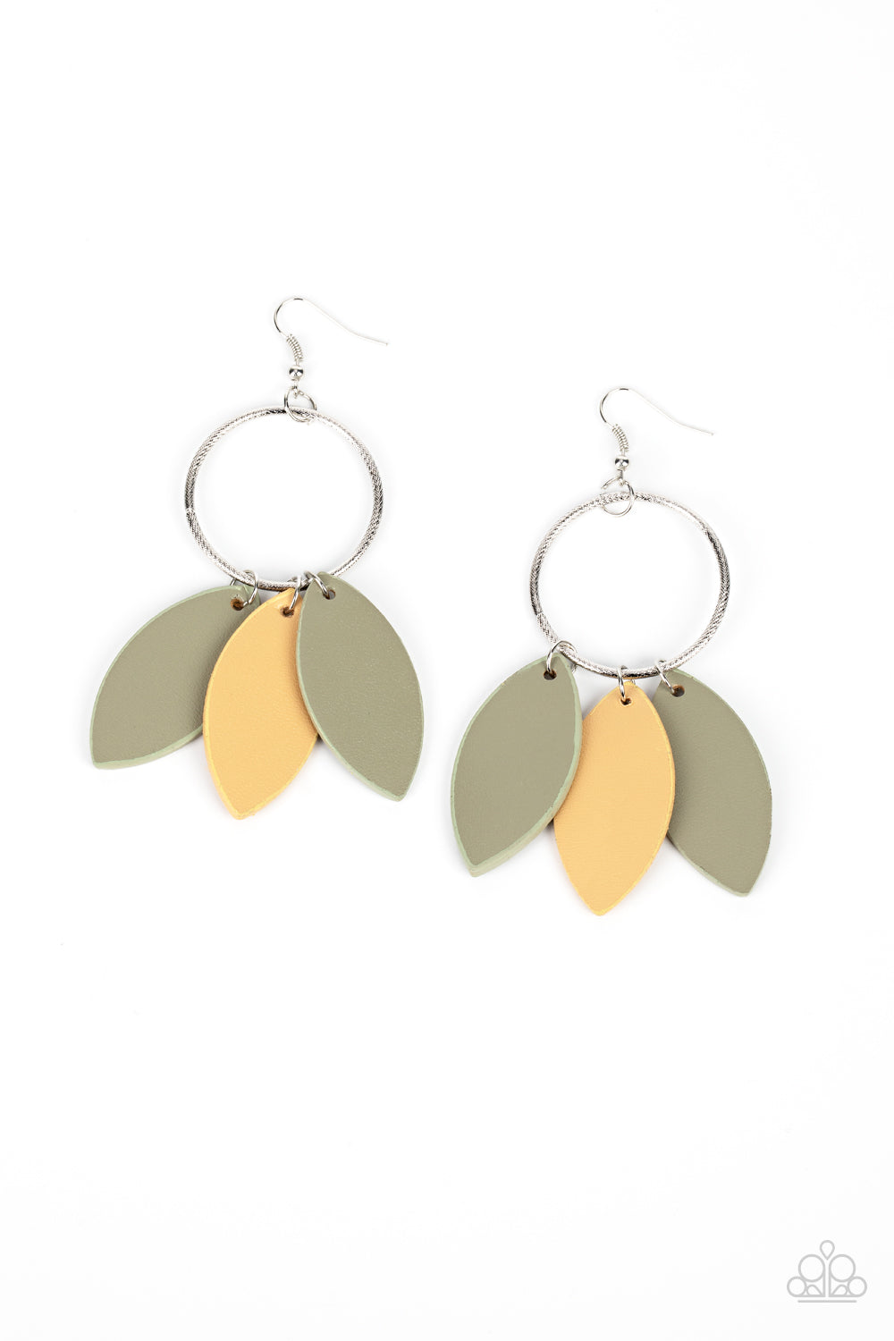 Leafy Laguna Multi Earring - Paparazzi Accessories Leafy green and tan leather frames swing from the bottom of a textured silver hoop, creating an earthy fringe. Earring attaches to a standard fishhook fitting. Sold as one pair of earrings.