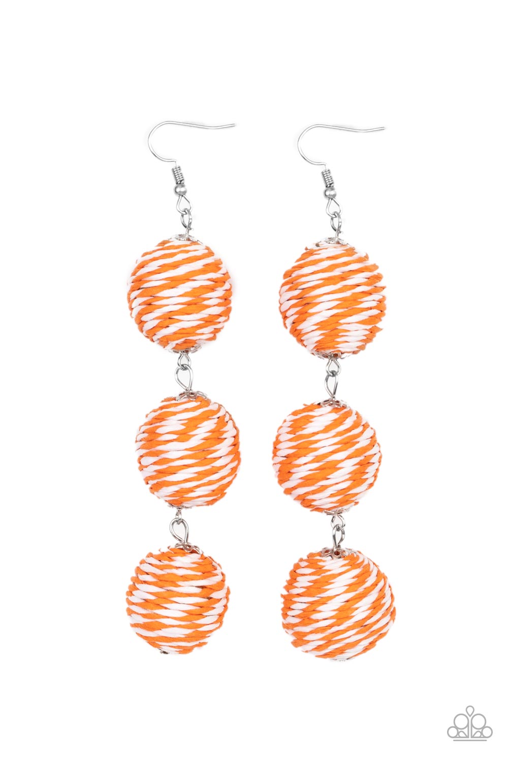 Laguna Lanterns Orange Earring - Paparazzi Accessories A woven collection of orange and white crepe-like strings ornately wraps around three hanging beads, reminiscent of decorative party lanterns. Earring attaches to a standard fishhook fitting. Sold as one pair of earrings.